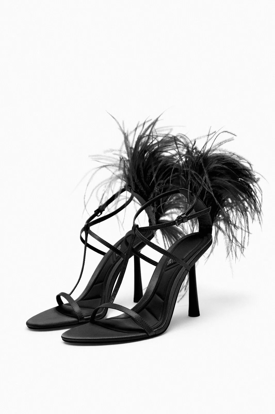 ZARA FEATHER DETAIL HEEELED SANDAL IN BLACK