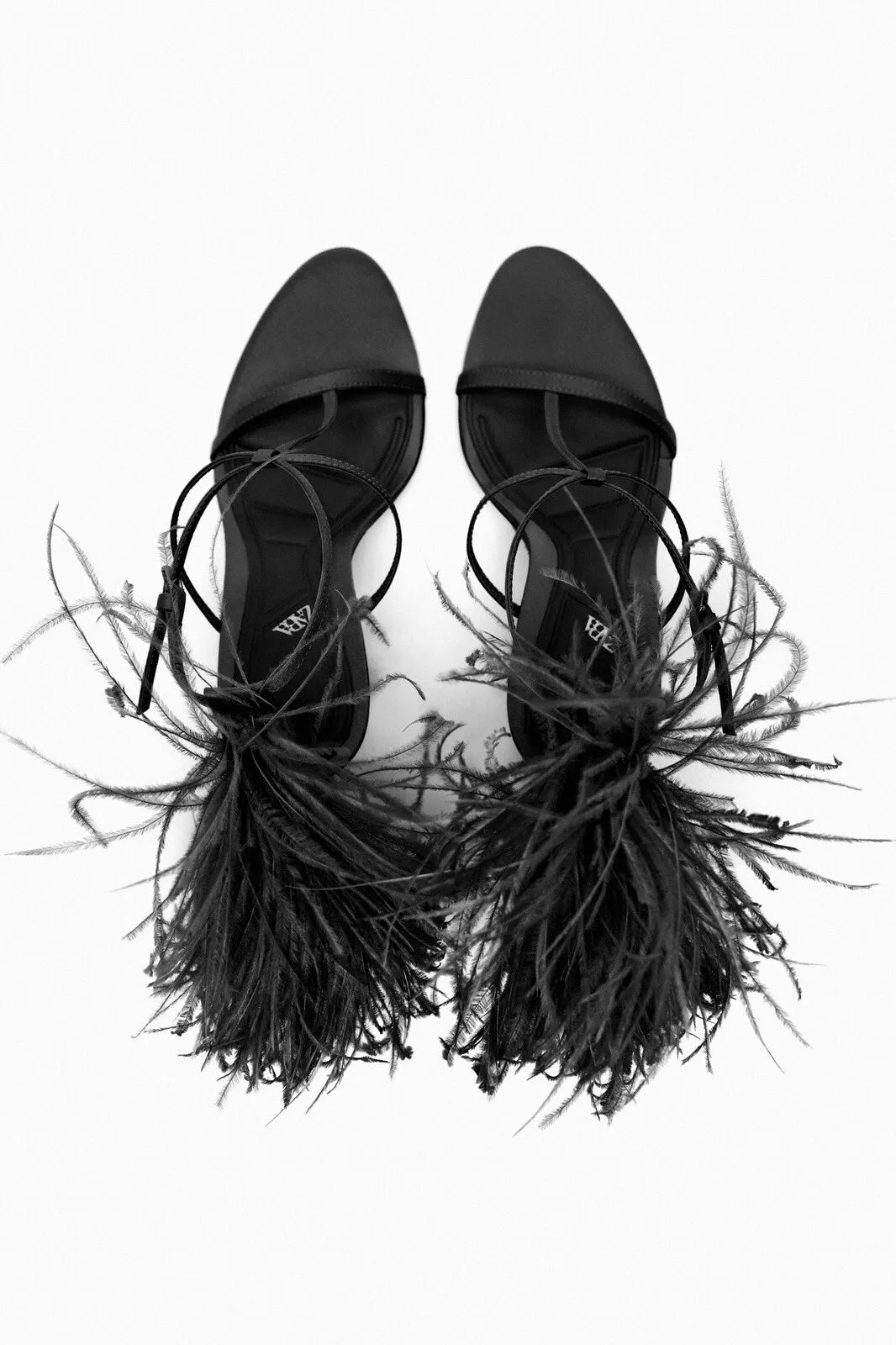 ZARA FEATHER DETAIL HEEELED SANDAL IN BLACK