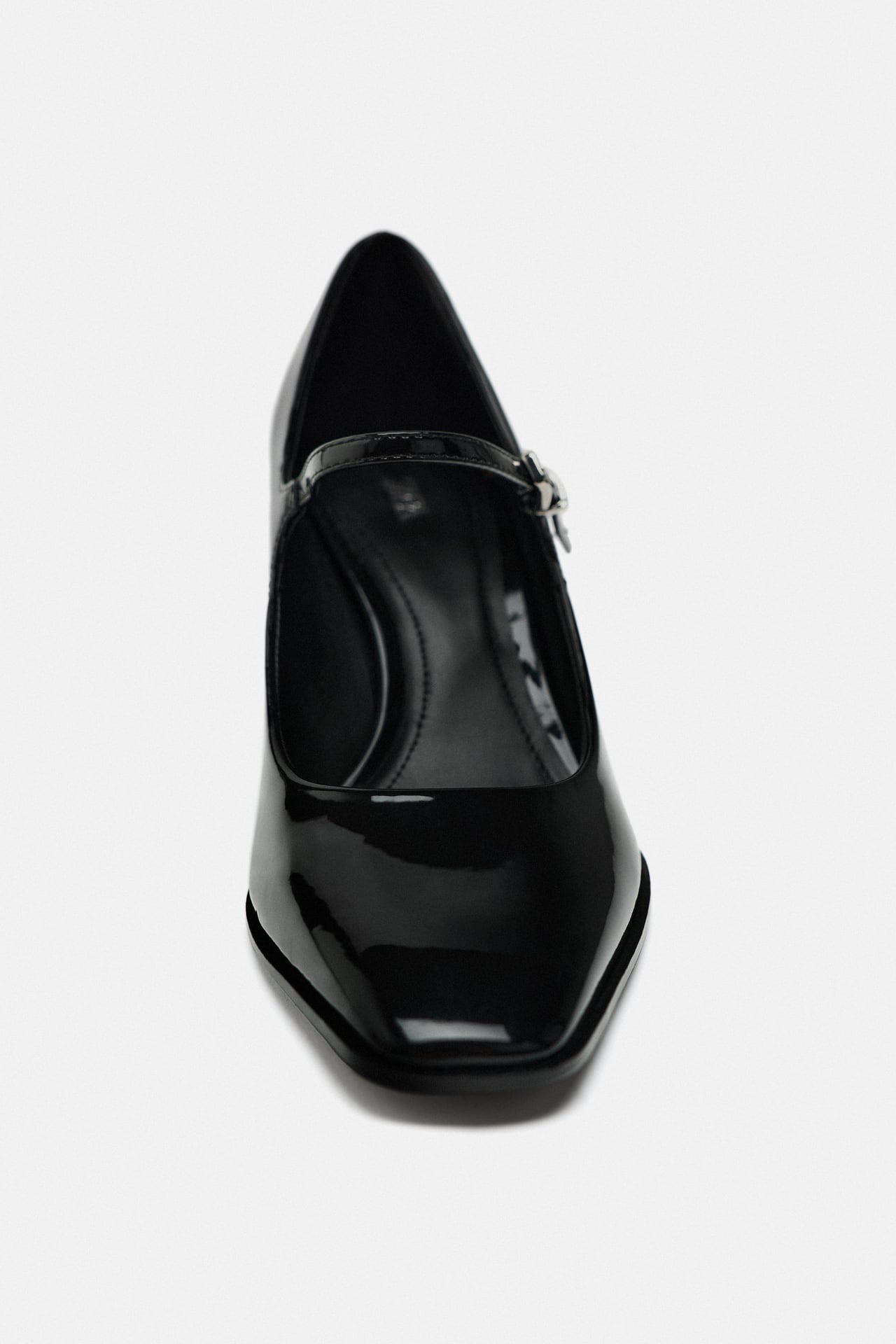 ZARA PATENT LEATHER SQUARE TOE BLOCK HEEL PUMP IN BLACK