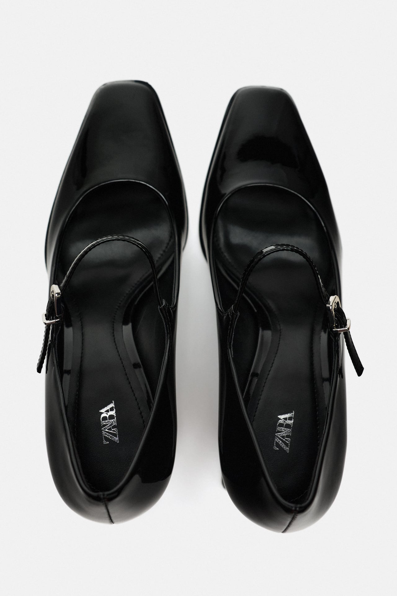 ZARA PATENT LEATHER SQUARE TOE BLOCK HEEL PUMP IN BLACK