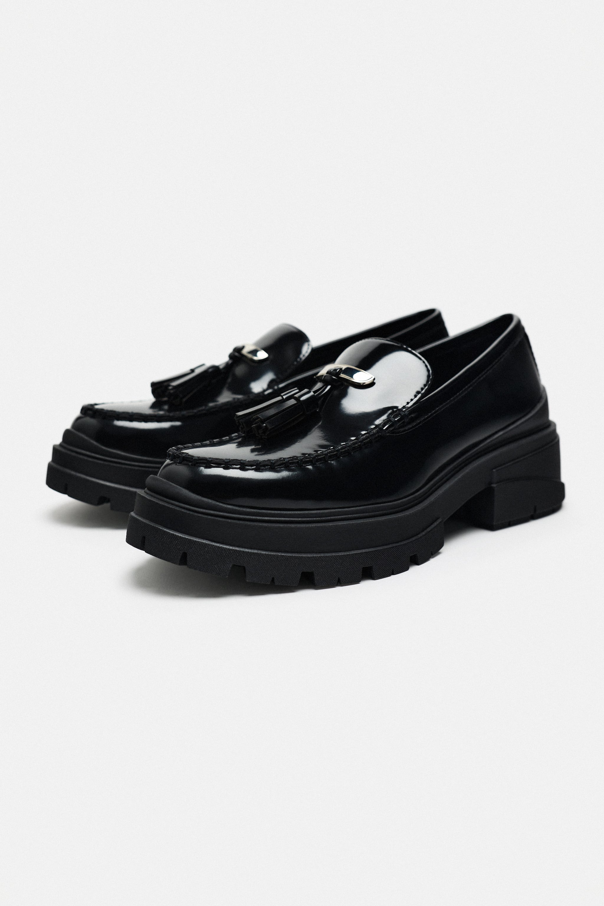 ZARA PATENT LEATHER TASSEL CHUNKY SHOES IN BLACK