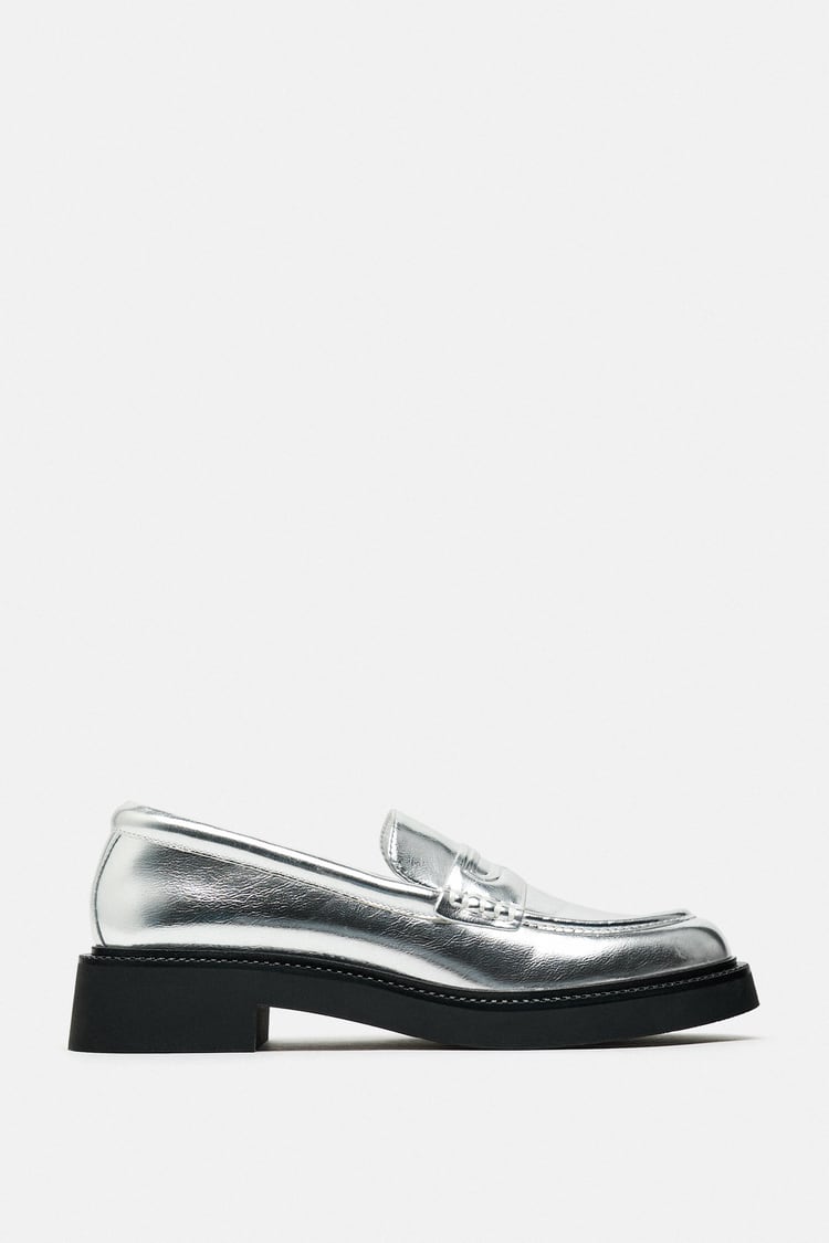 Zara Metallic Penny Loafers in Silver