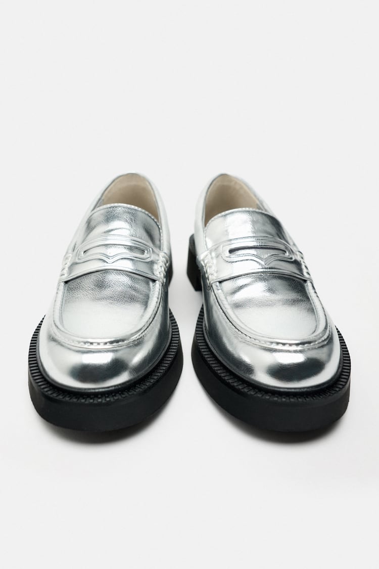 Zara Metallic Penny Loafers in Silver