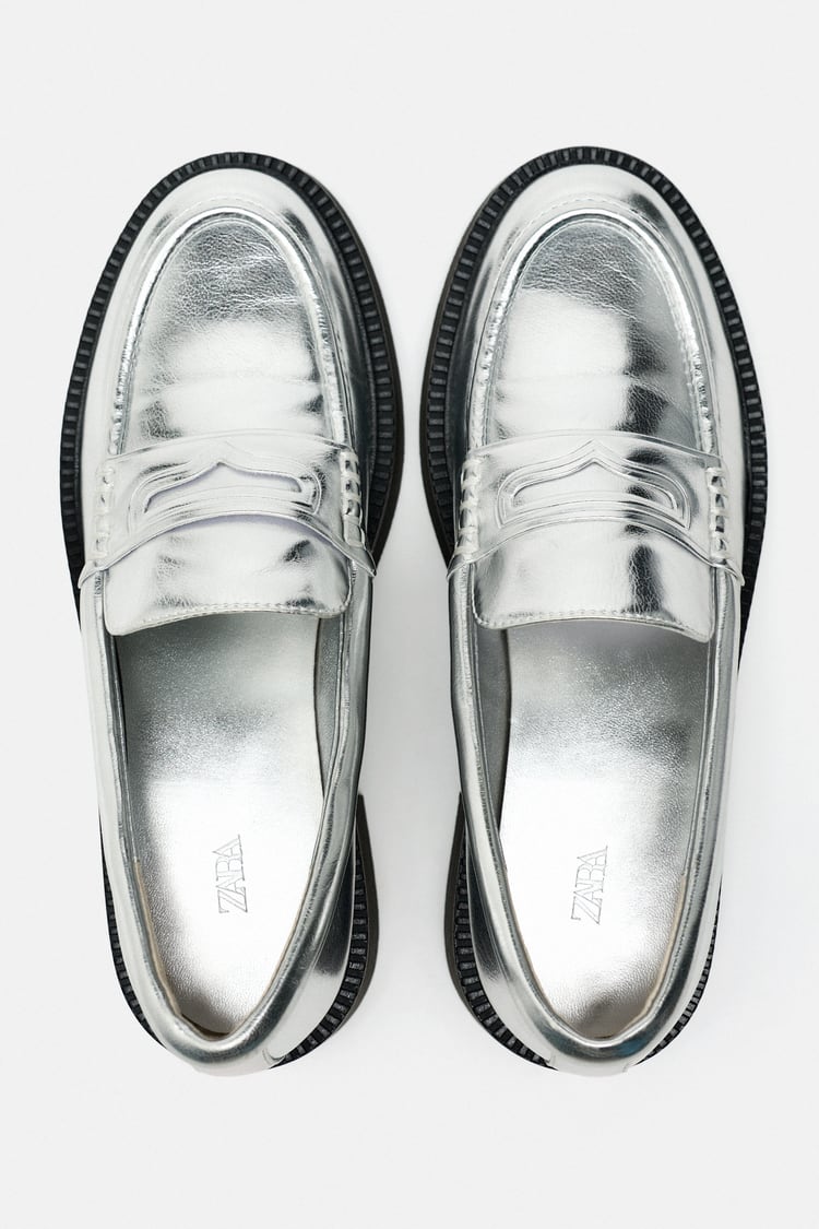 Zara Metallic Penny Loafers in Silver