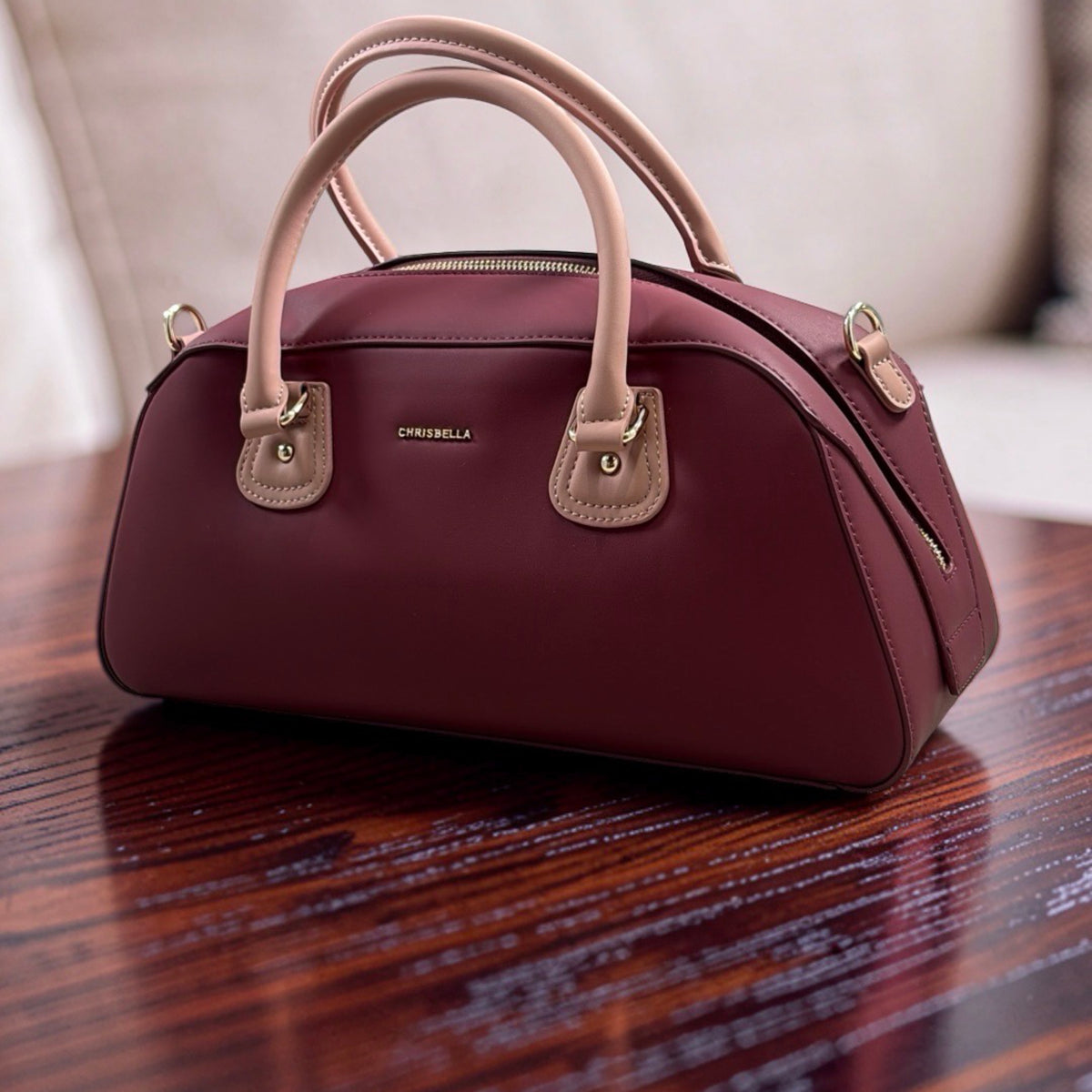Chrisbella Two-in-One Contrast Handle Bag in Wine