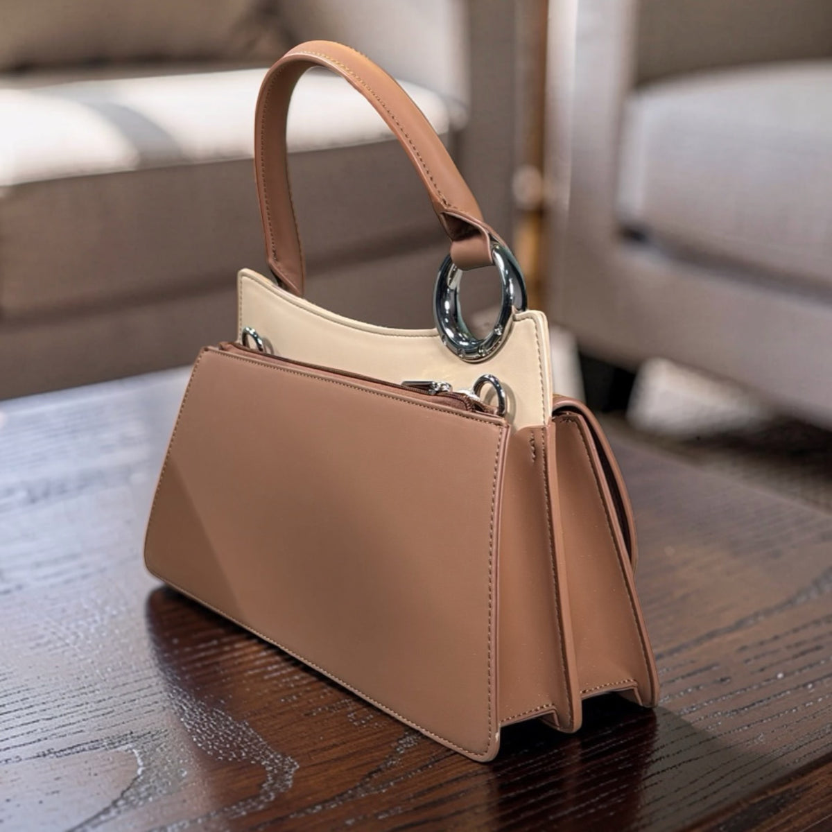 Chrisbella Top Handle Front-Flap Structured Bag in Brown