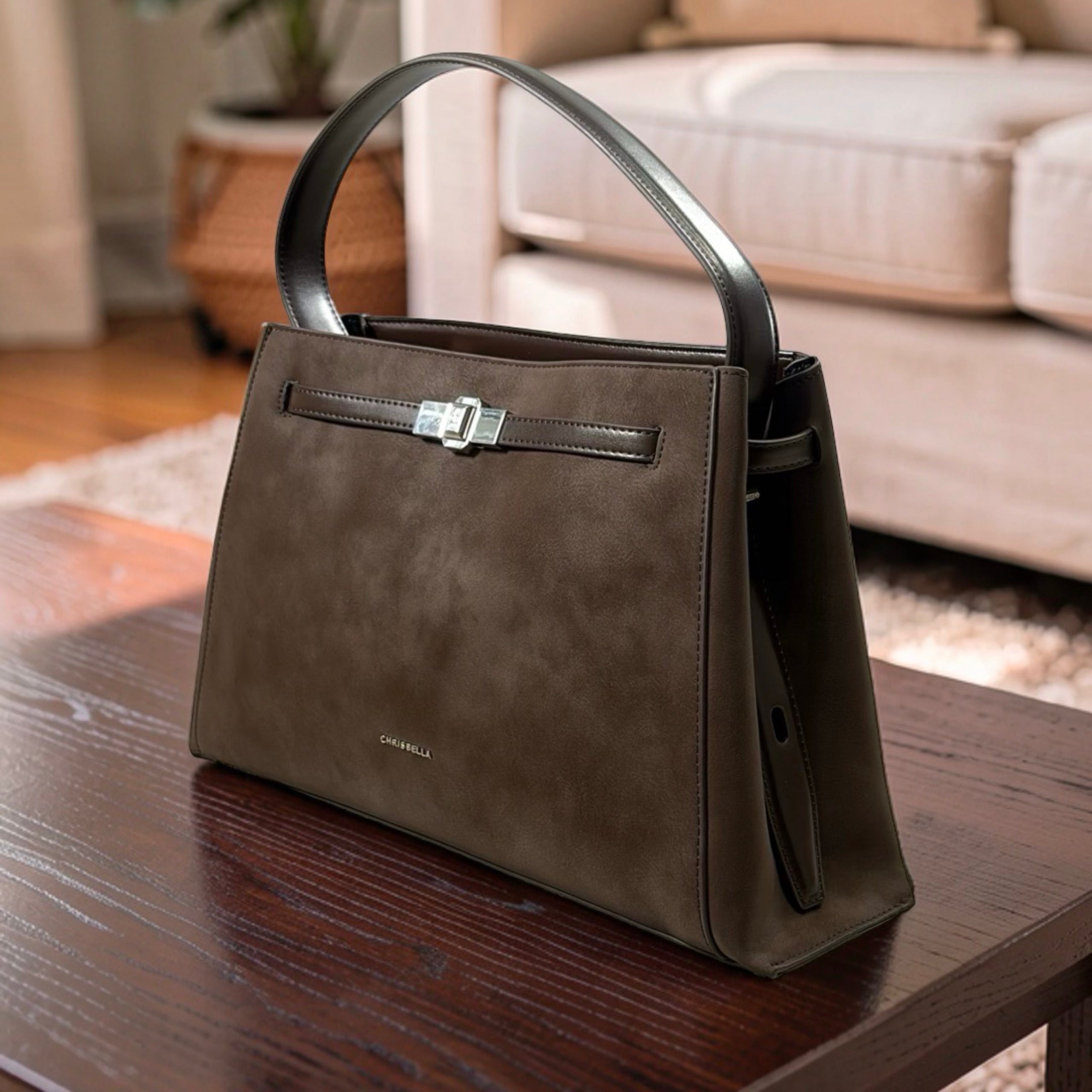 Chrisbella Single Strap Suede-Front Bag in Coffee