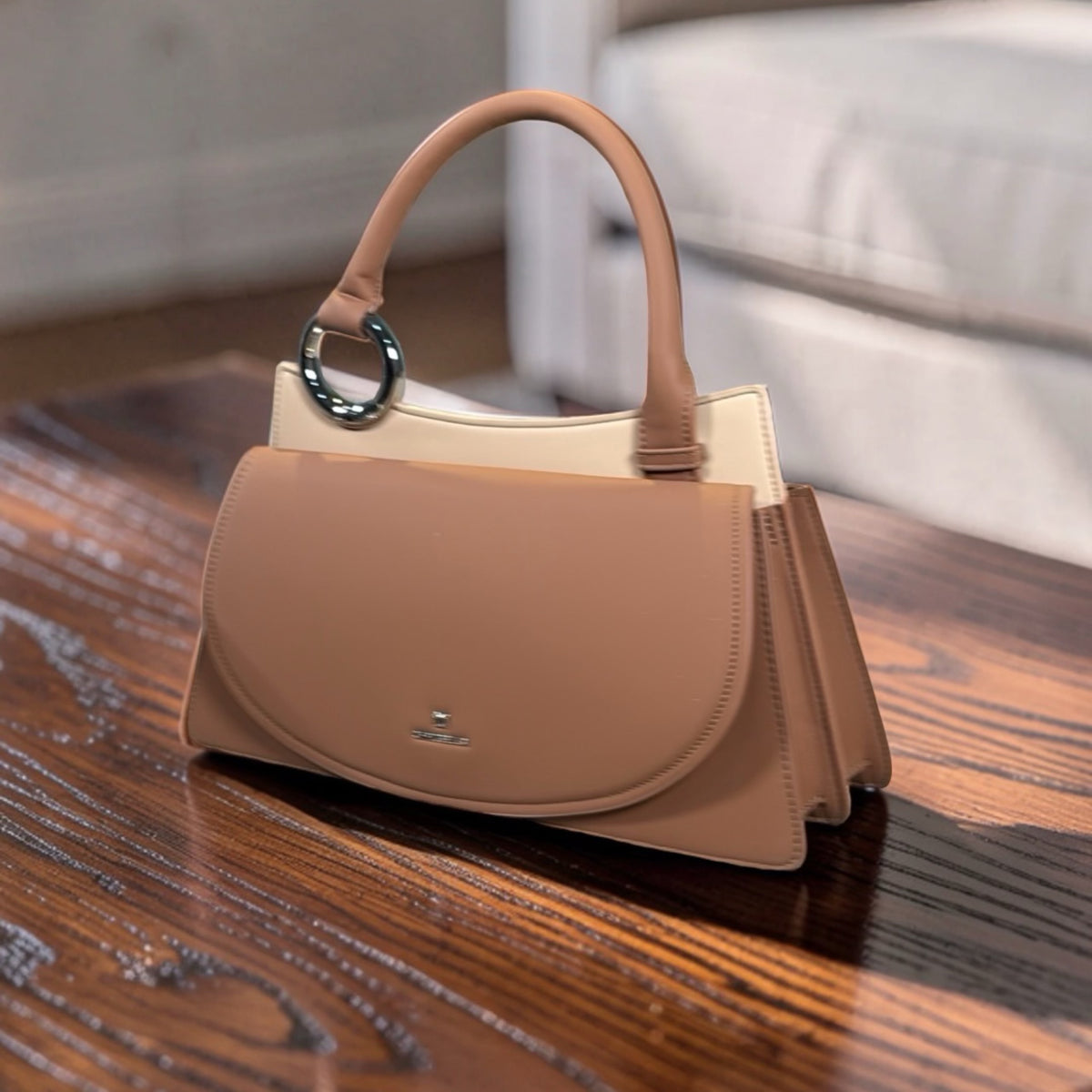 Chrisbella Top Handle Front-Flap Structured Bag in Brown