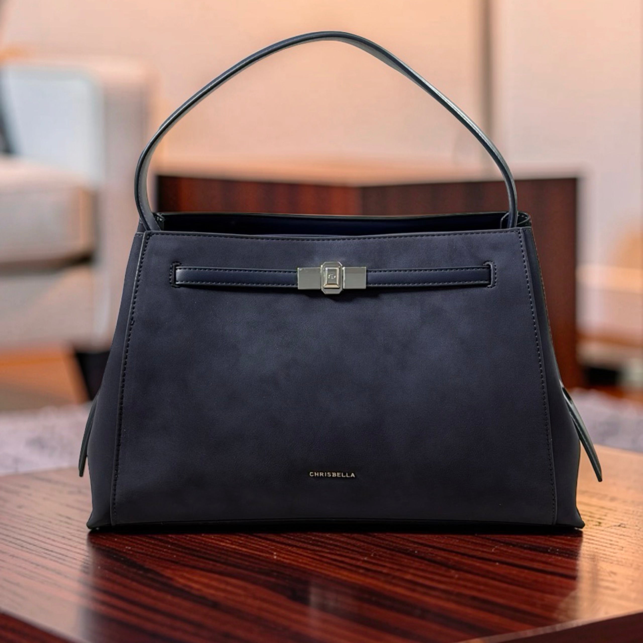 Chrisbella Single Strap Suede-Front Bag in Navy