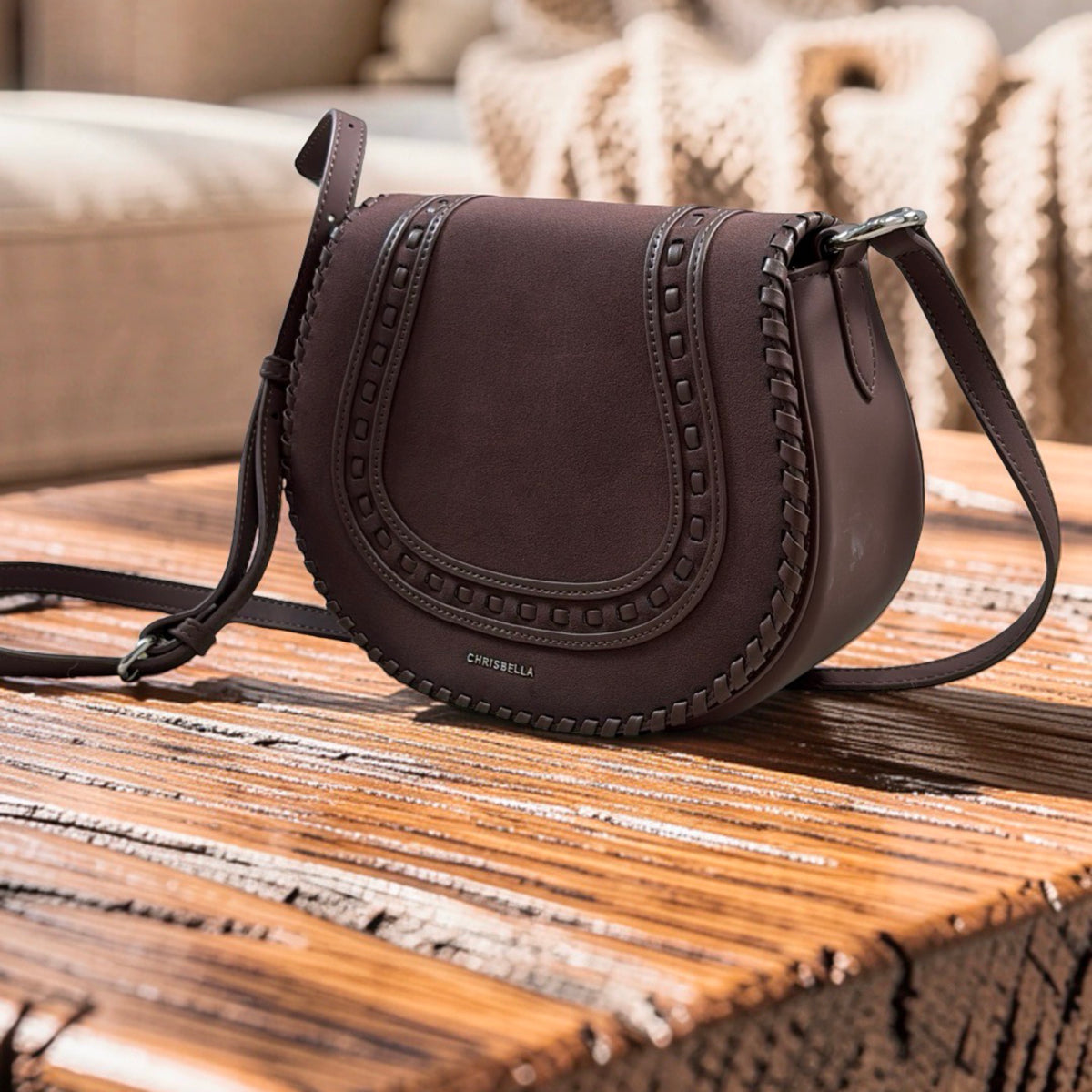 Chrisbella Suede Flap Double Strap Bag in Coffee