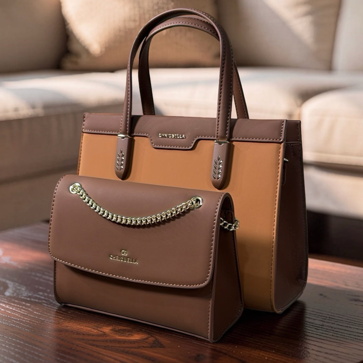 Chrisbella Two-In-One Two-Tone Bag in Brown