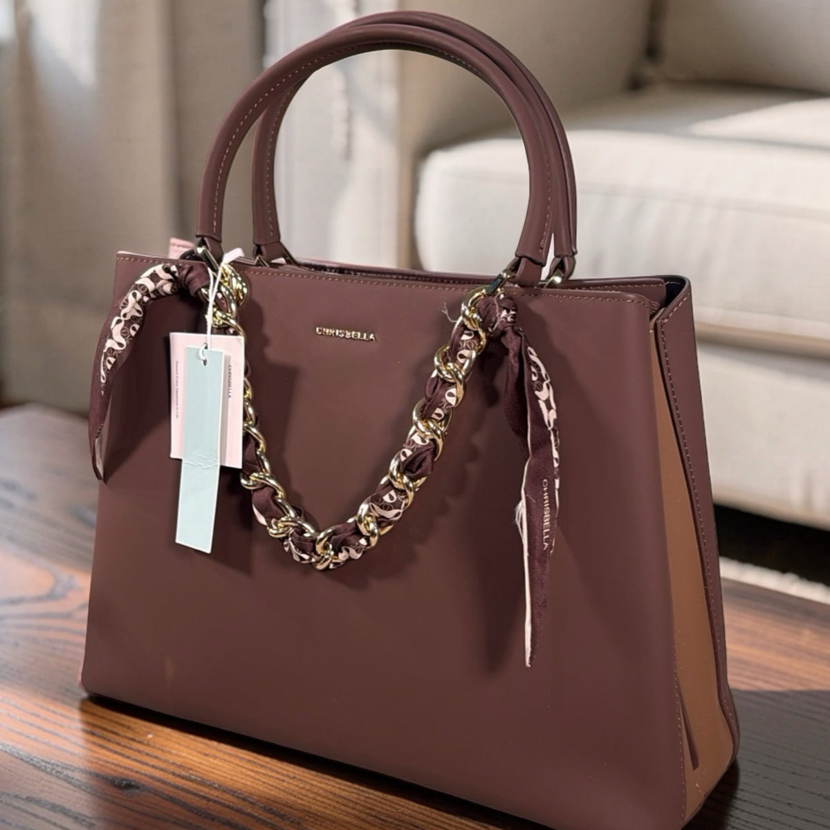 Chrisbella Scarf Detail 2-in-1 Two-Tone Bag in Coffee