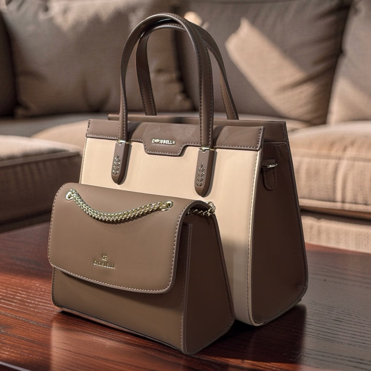 Chrisbella Two-In-One Two-Tone Bag in Beige
