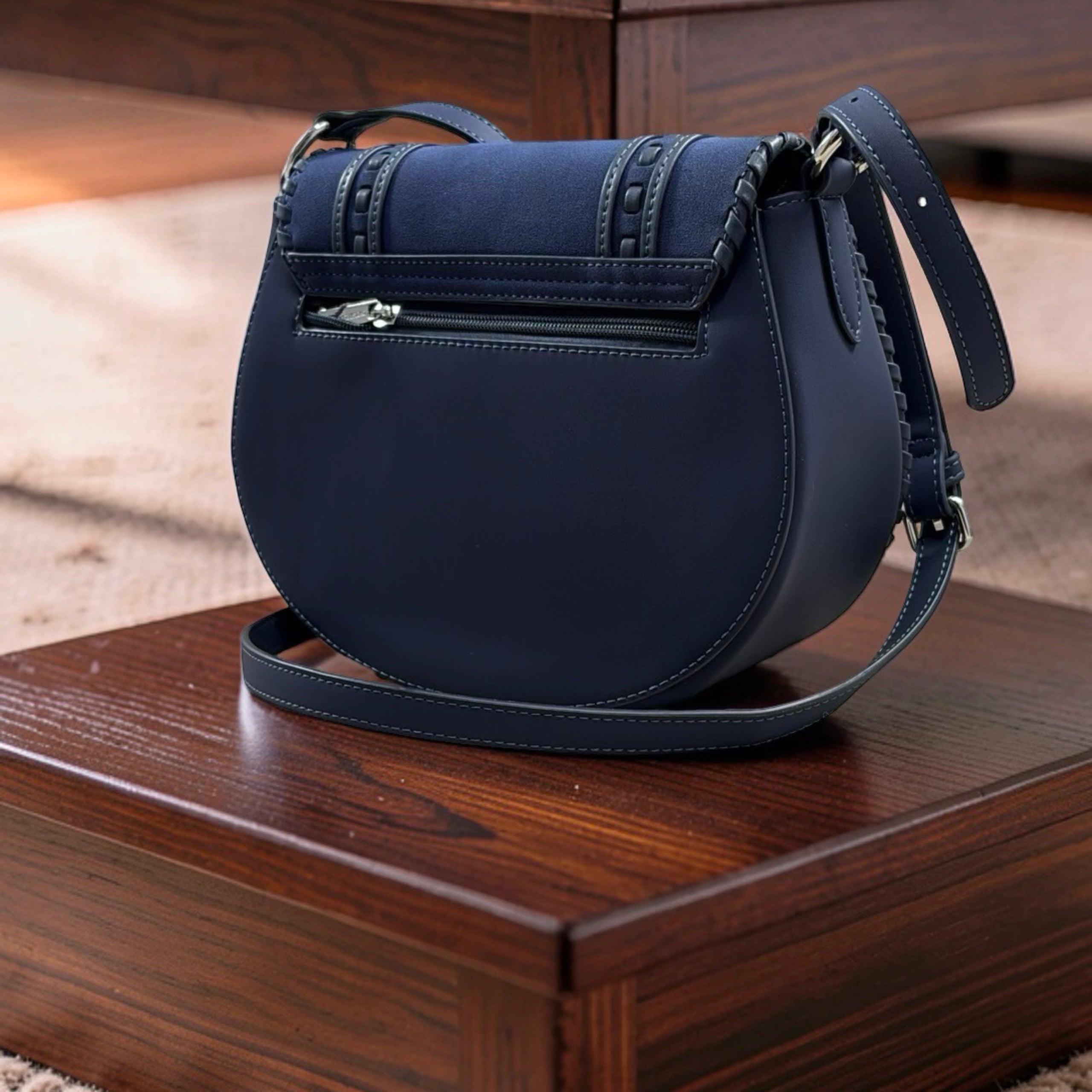 Chrisbella Suede Flap Double Strap Bag in Navy