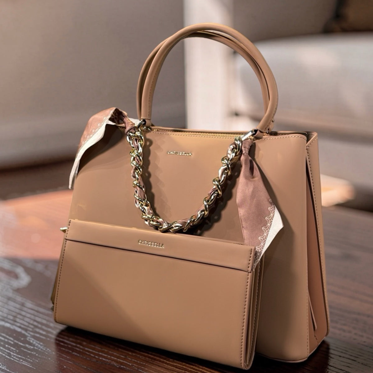 Chrisbella Scarf Detail 2-in-1 Tow-Tone Bag in Beige