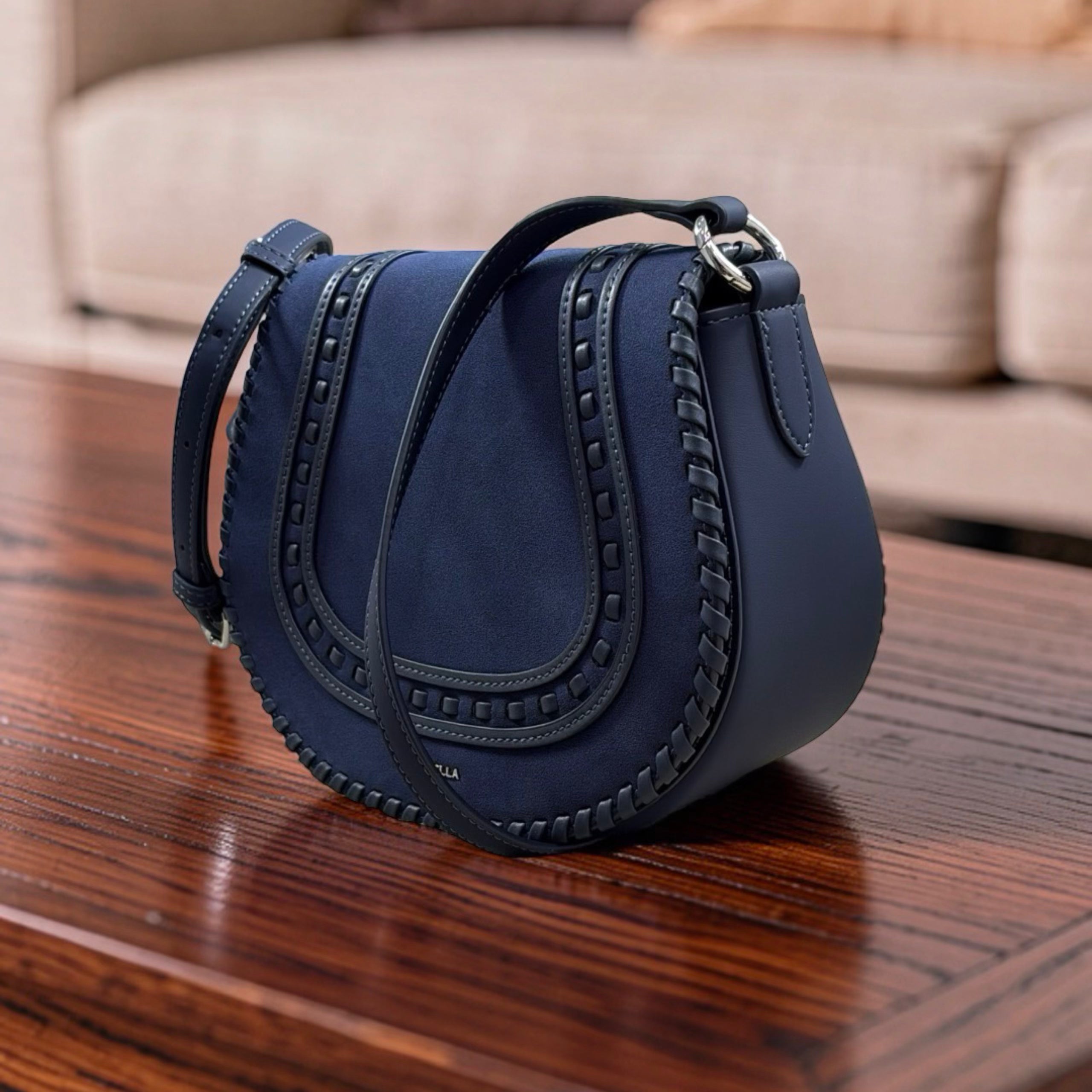 Chrisbella Suede Flap Double Strap Bag in Navy