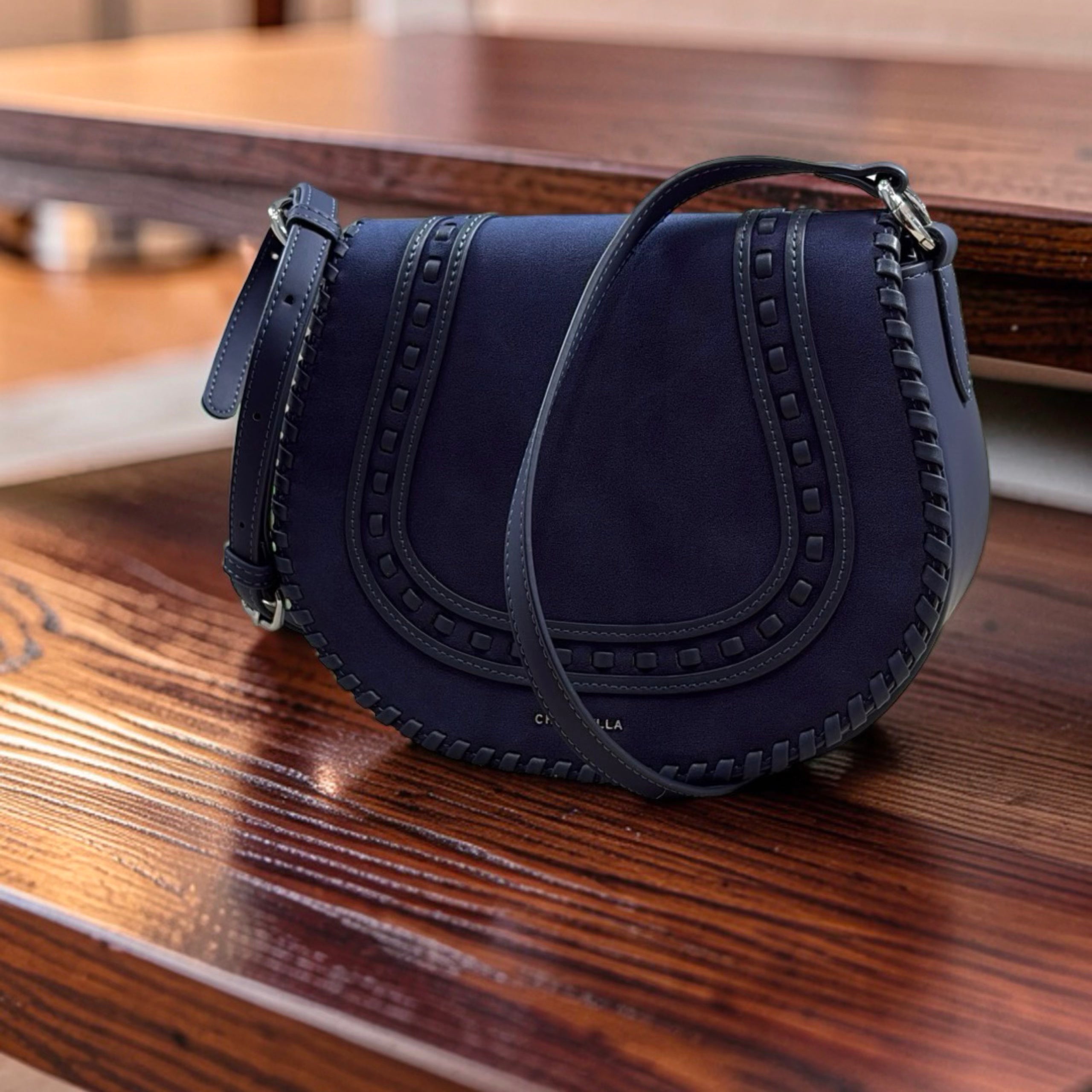 Chrisbella Suede Flap Double Strap Bag in Navy