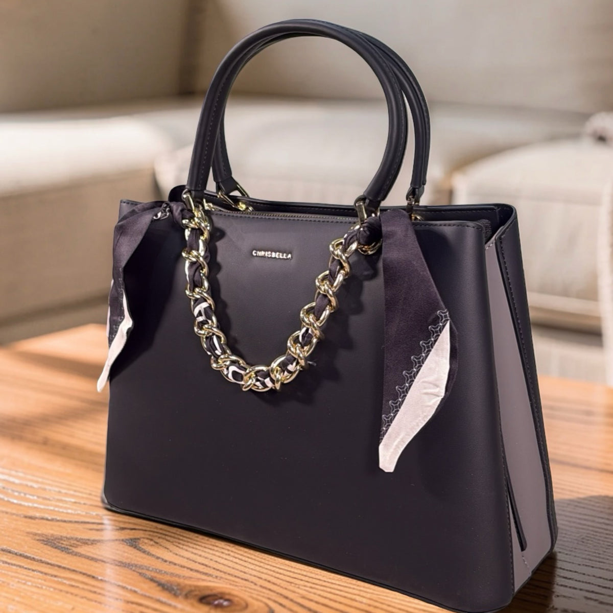Chrisbella Scarf Detail 2-in-1 Two-Tone Bag in Black