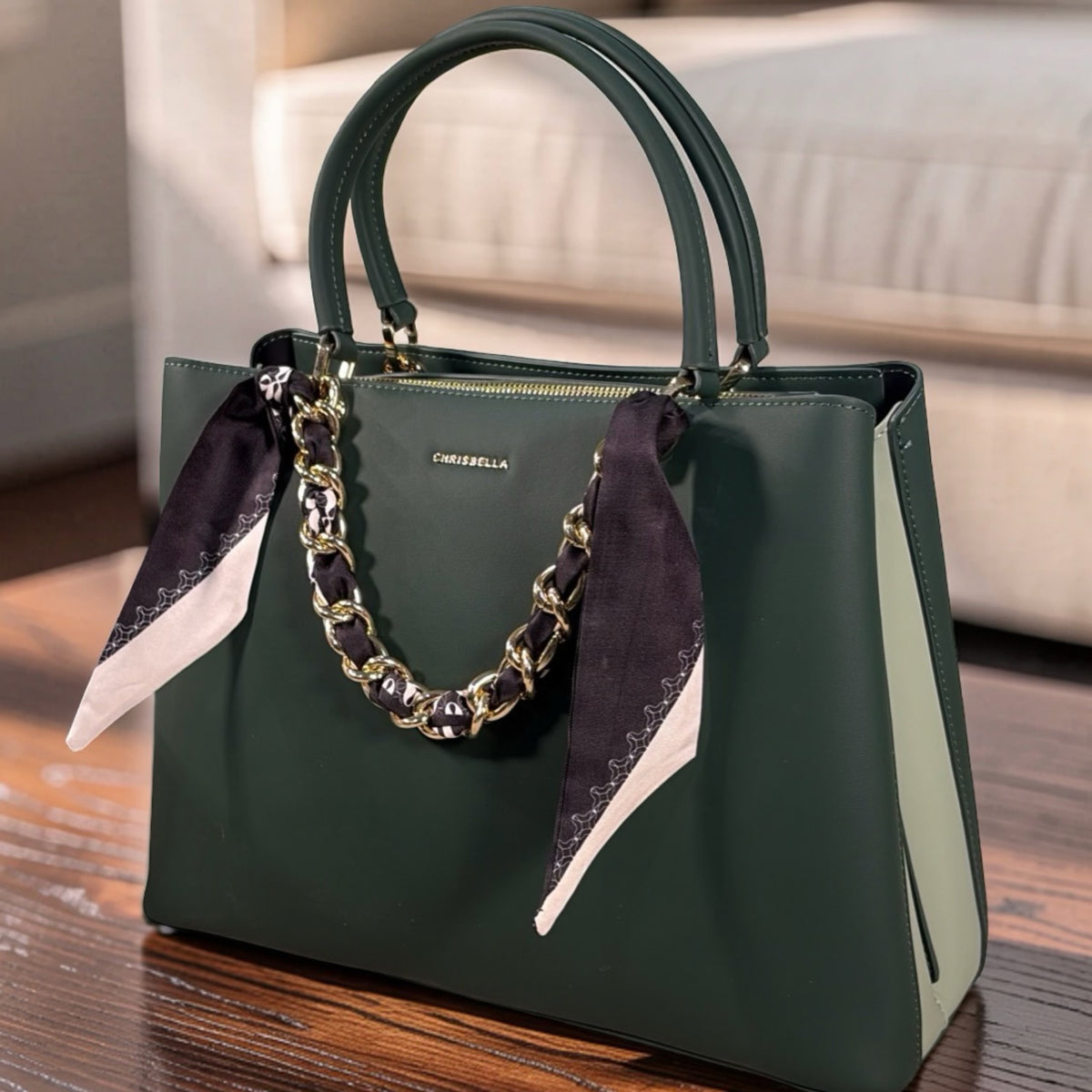 Chrisbella Scarf Detail 2-in-1 Two-Tone Bag in Green