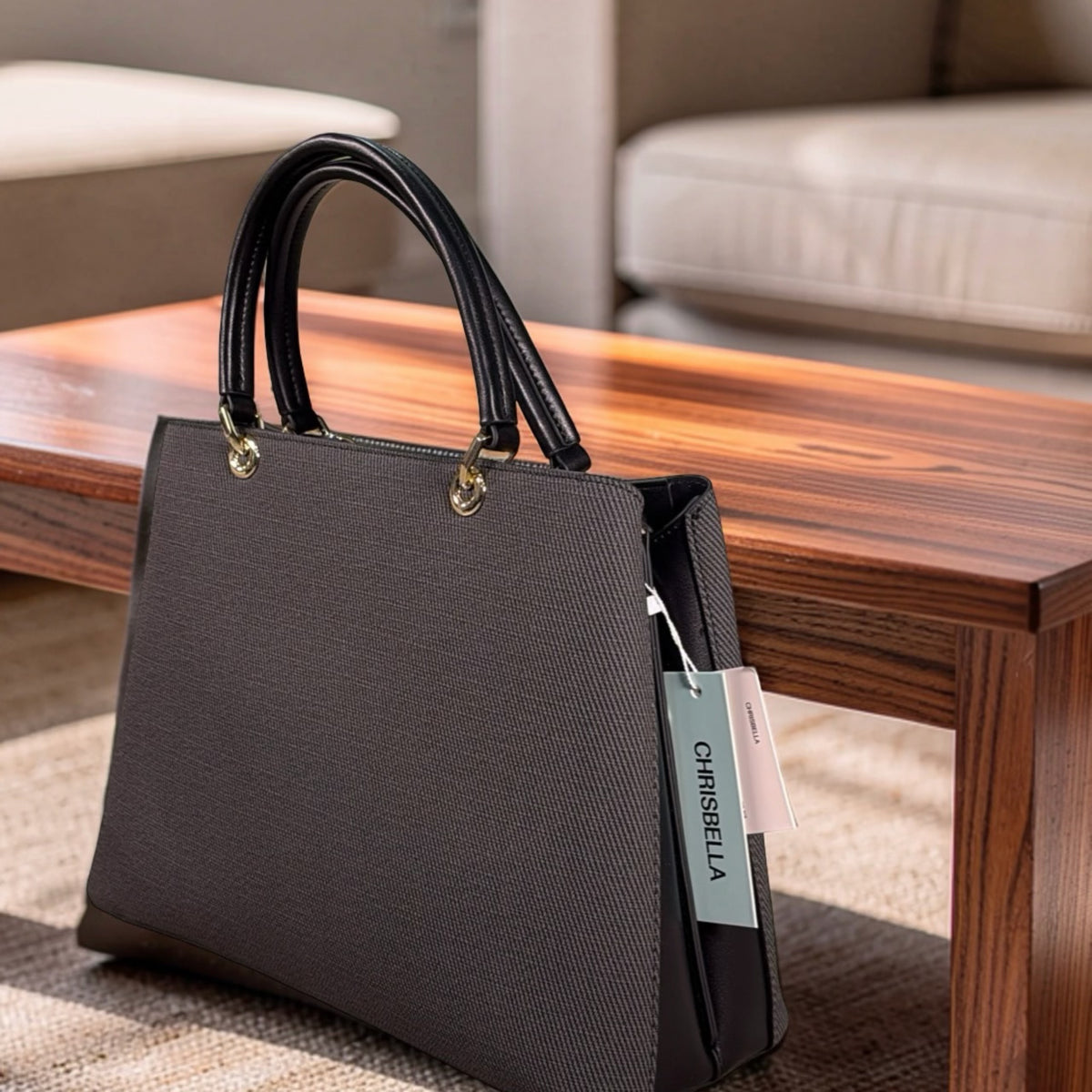 Chrisbella Scarf Detail Textured 2-in-1 Two-Tone Bag in Black