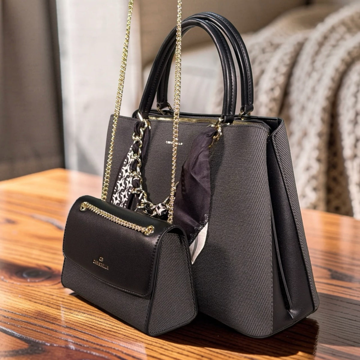 Chrisbella Scarf Detail Textured 2-in-1 Two-Tone Bag in Black
