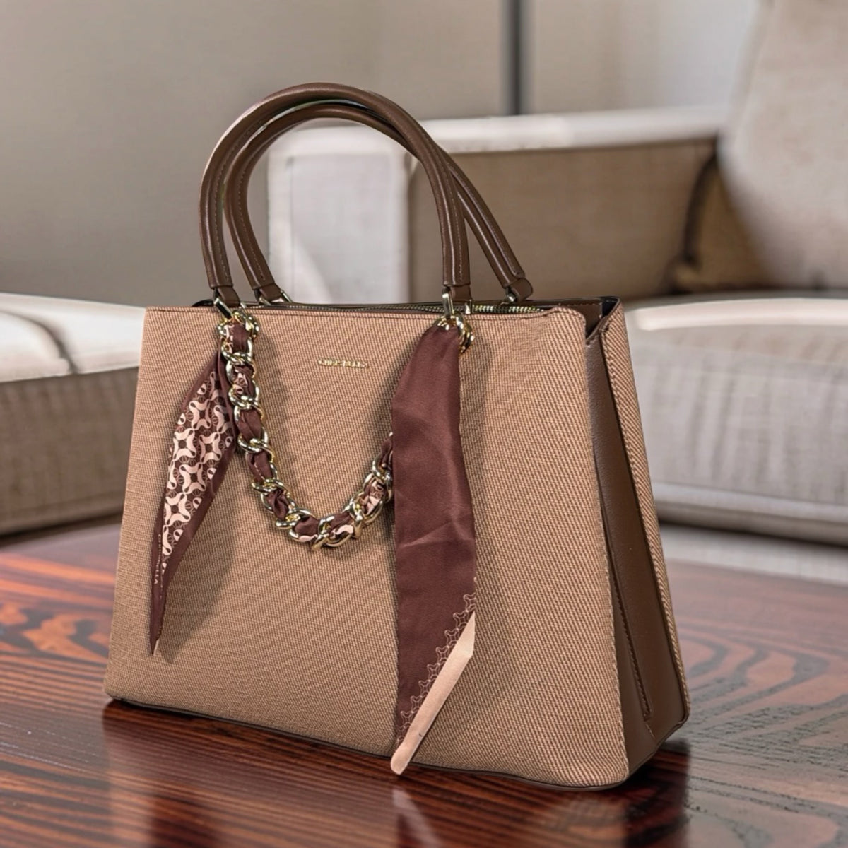 Chrisbella Scarf Detail Textured 2-in-1 Two-Tone Bag in Coffee
