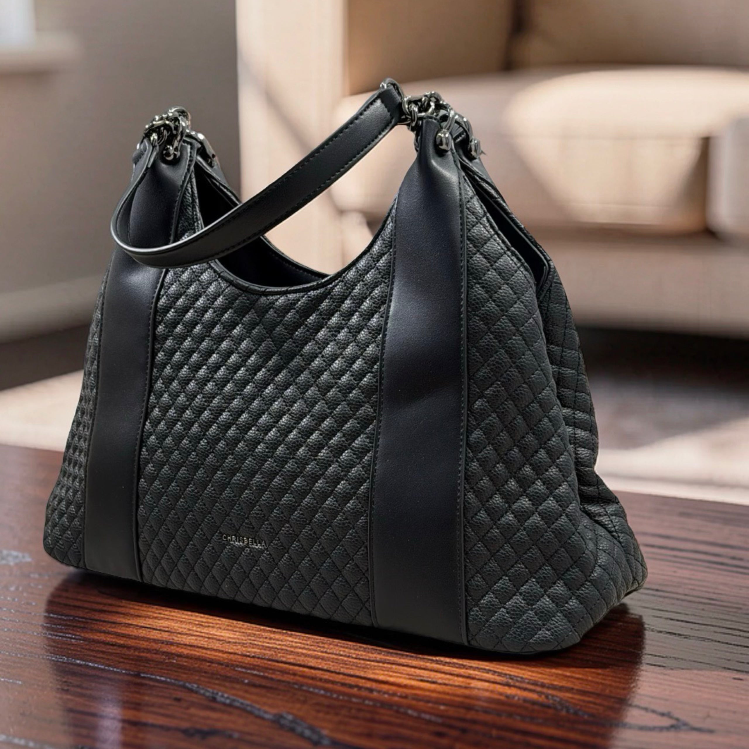 Chrisbella Textured Leather Shoulder Bag in Black