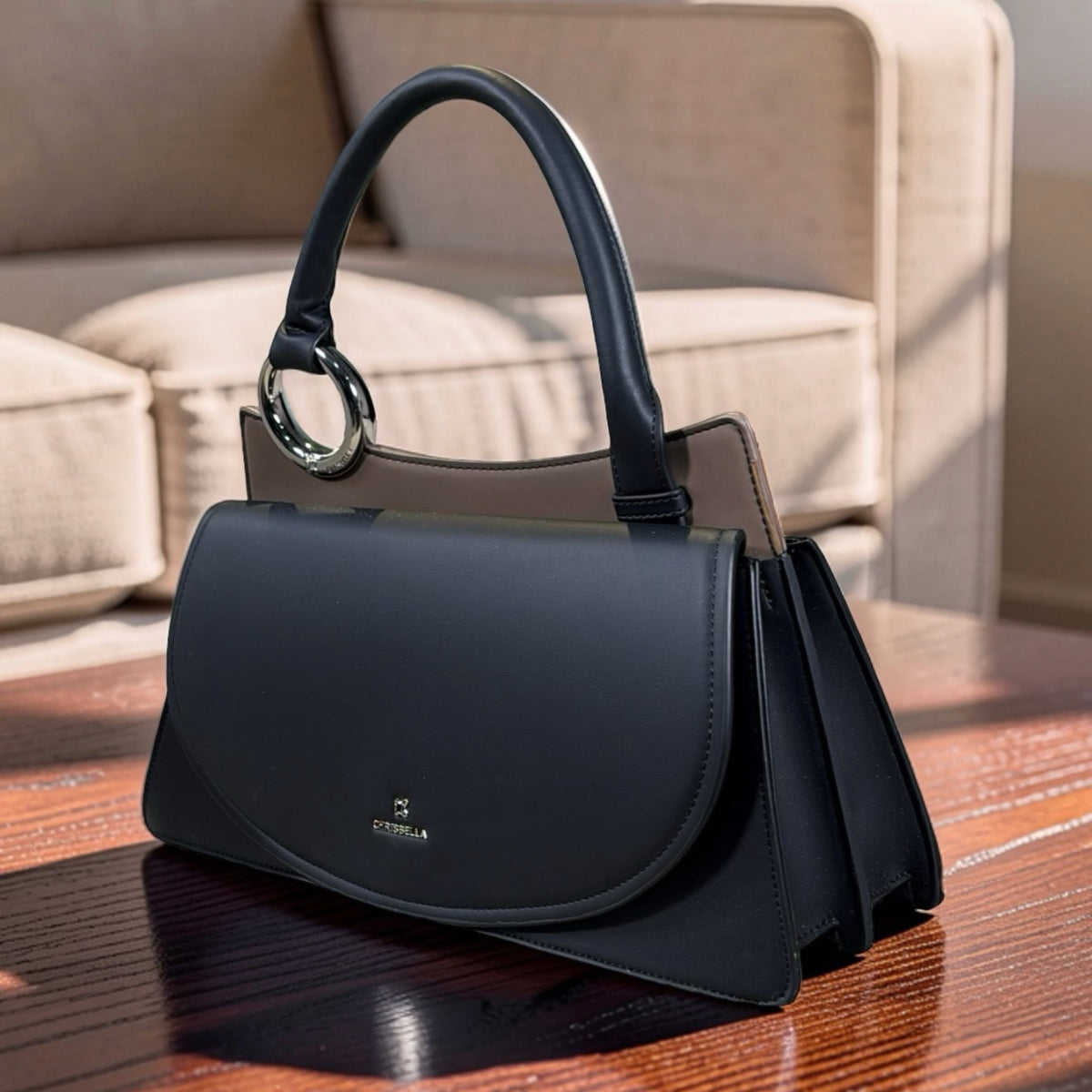 Chrisbella Top Handle Front-Flap Structured Bag in Black