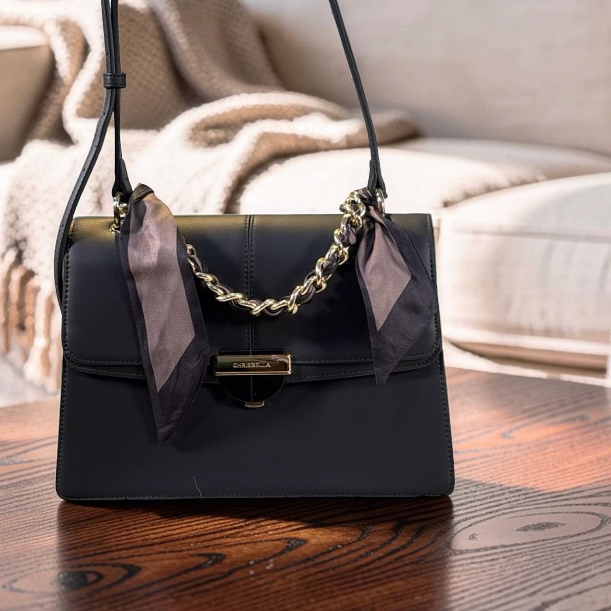 Chrisbella Scarf Detail Flap Closure Side bag in Black