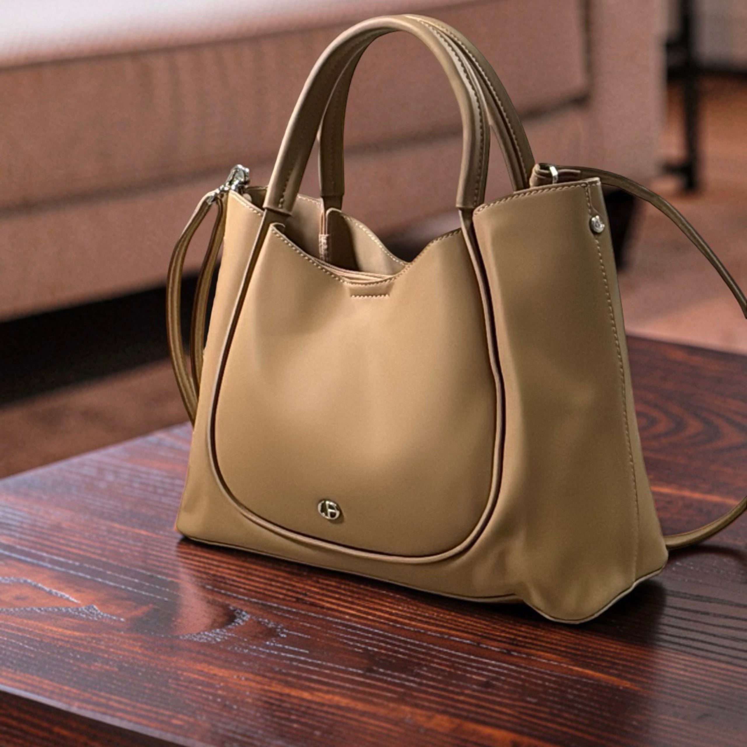 Chrisbella Double Handle Nubuck Leather Bag in Beige
