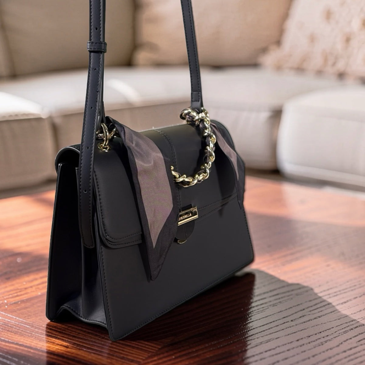 Chrisbella Scarf Detail Flap Closure Side bag in Black