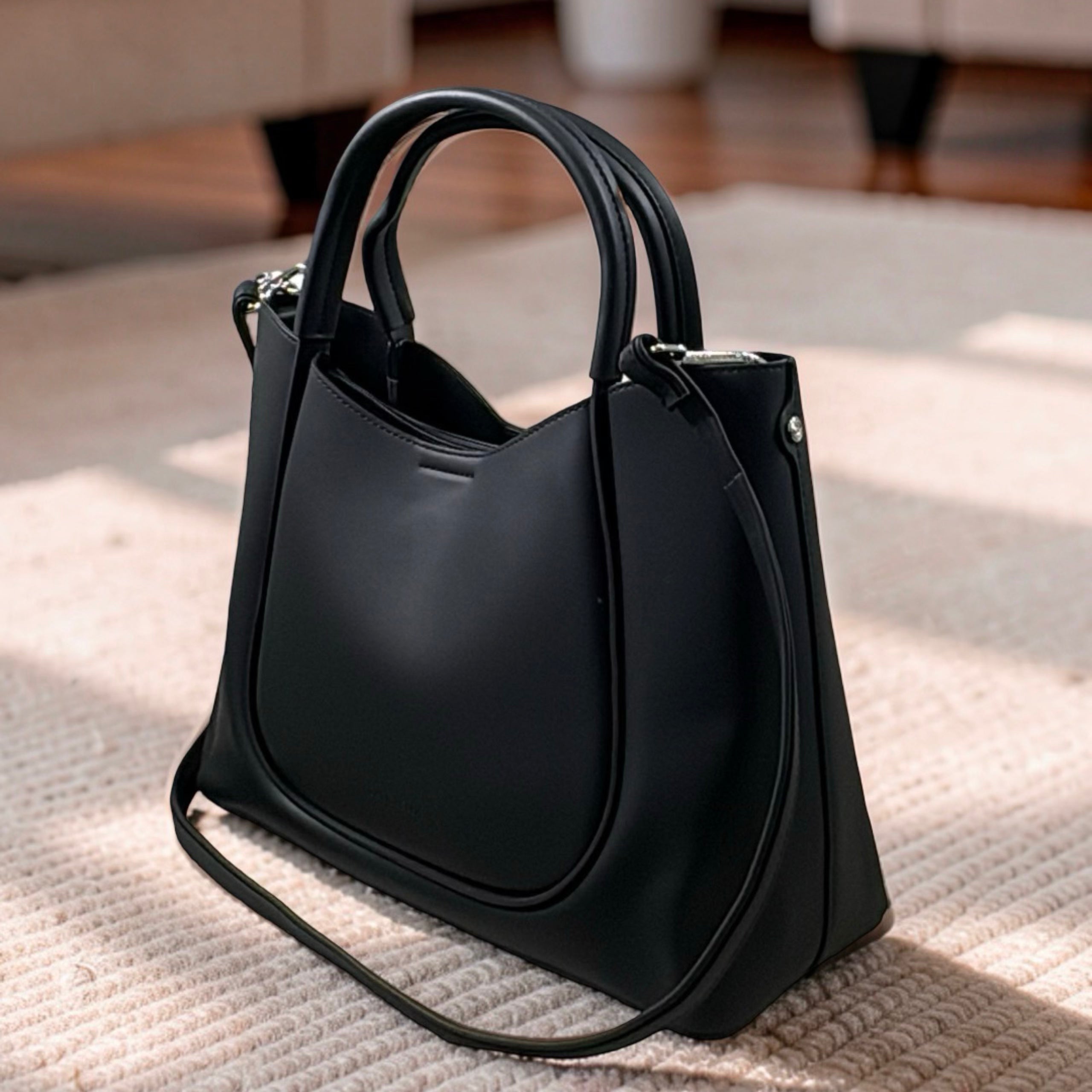Chrisbella Double Handle Nubuck Leather Bag in Black