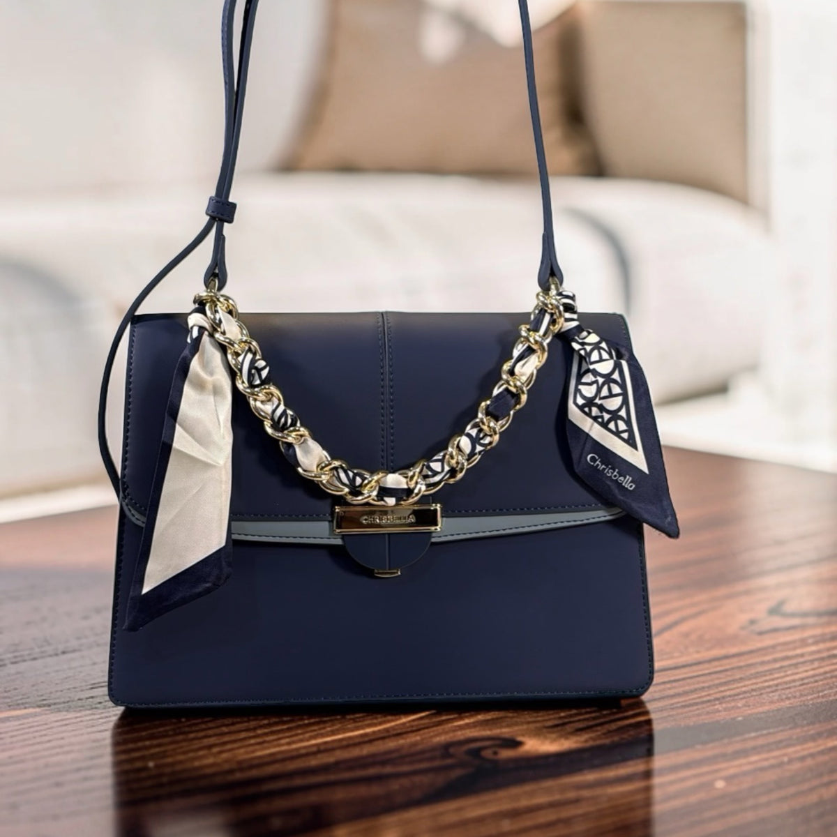 Chrisbella Scarf Detail Flap Closure Side bag in Navy
