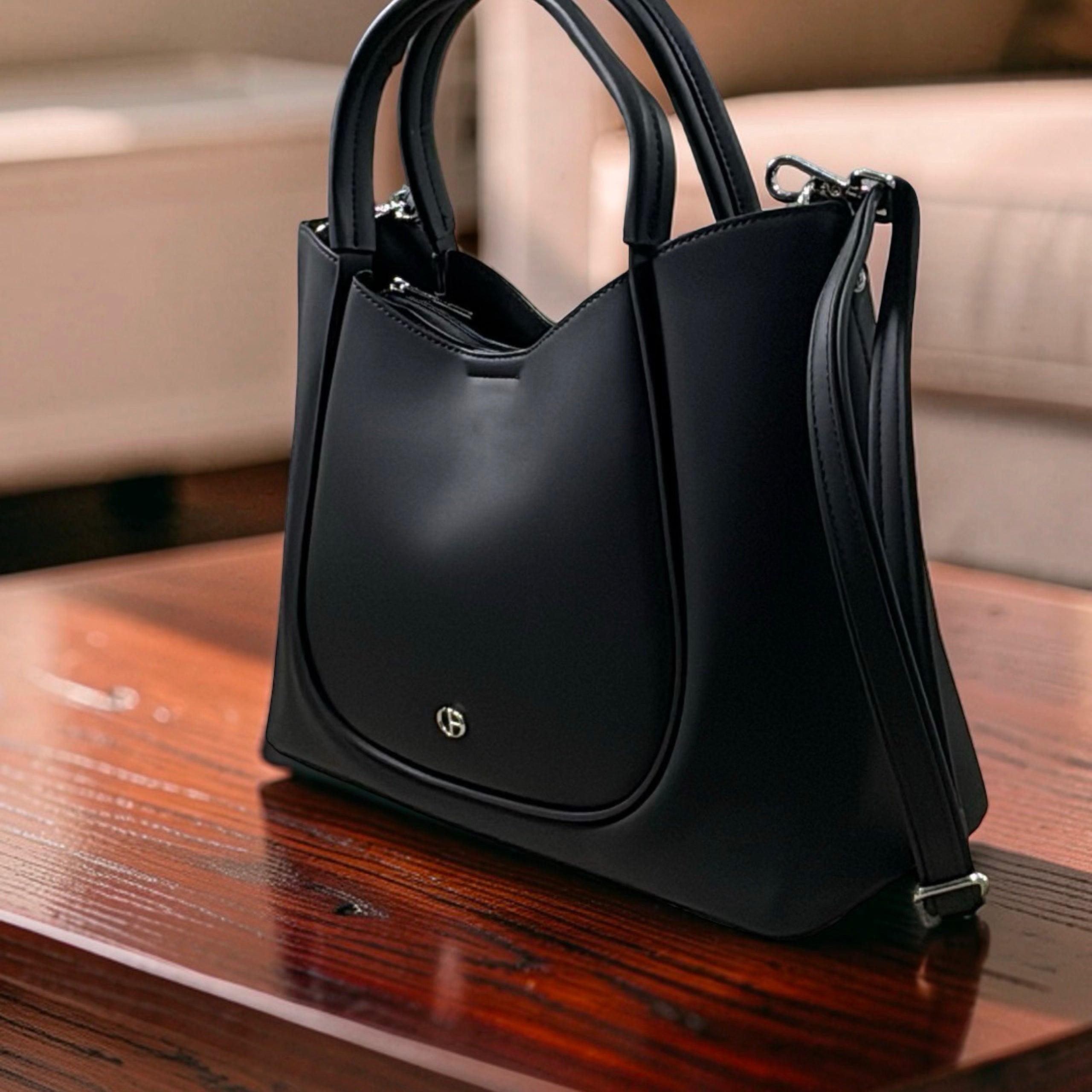 Chrisbella Double Handle Nubuck Leather Bag in Black
