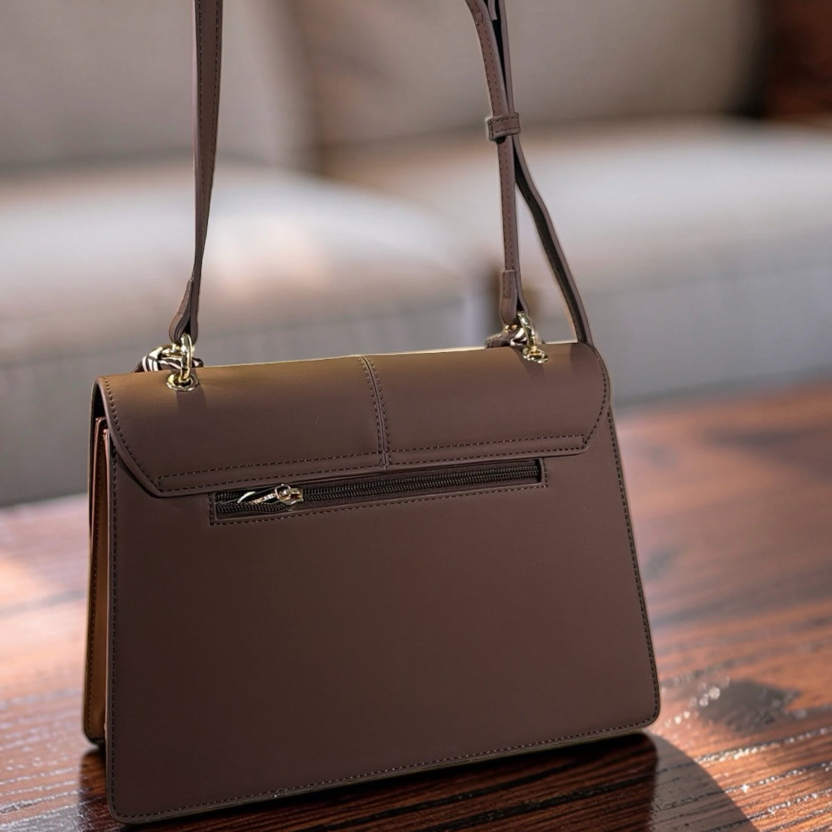 Chrisbella Scarf Detail Flap Closure Side bag in Coffee