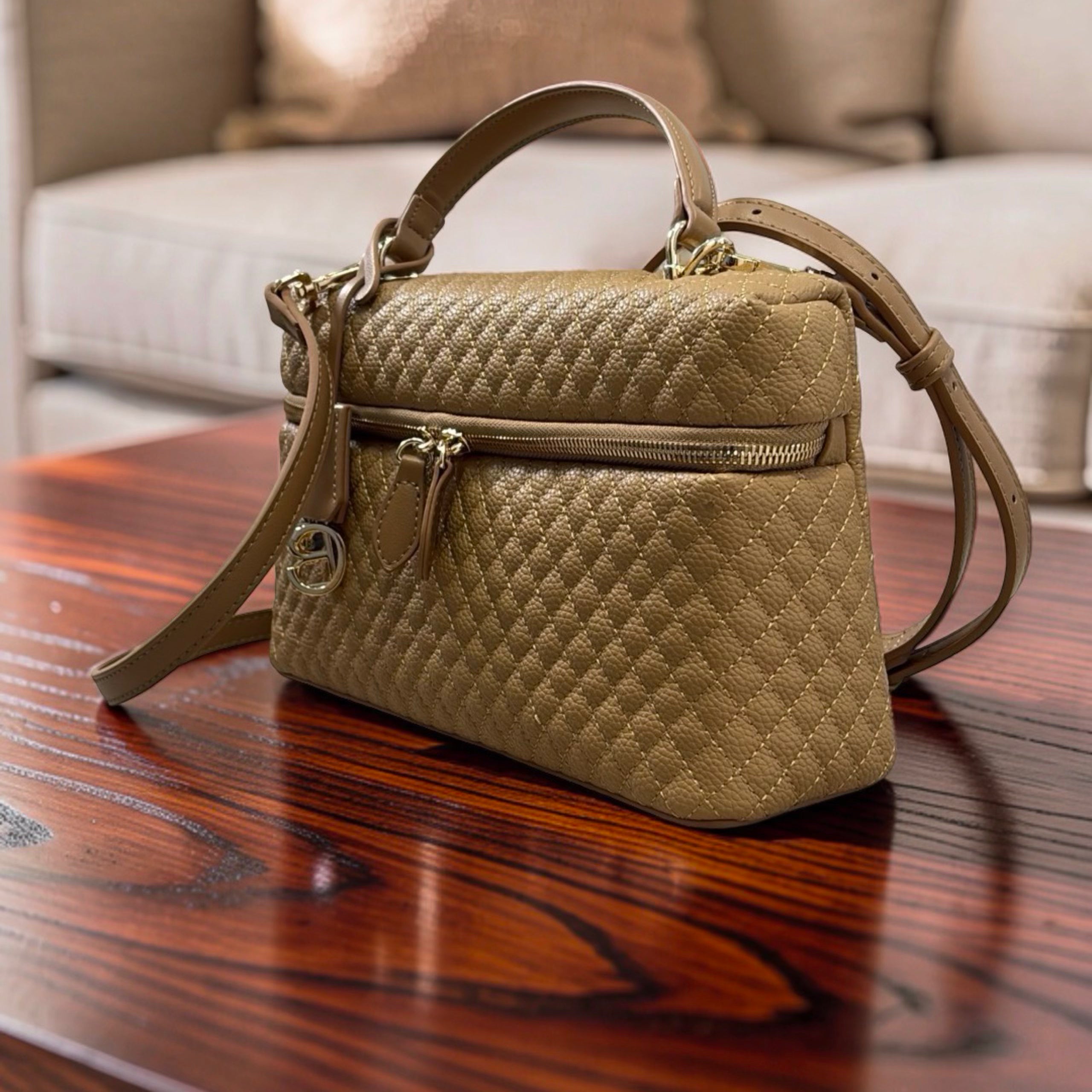 Chrisbella Top Handle textured leather Bag in Khaki