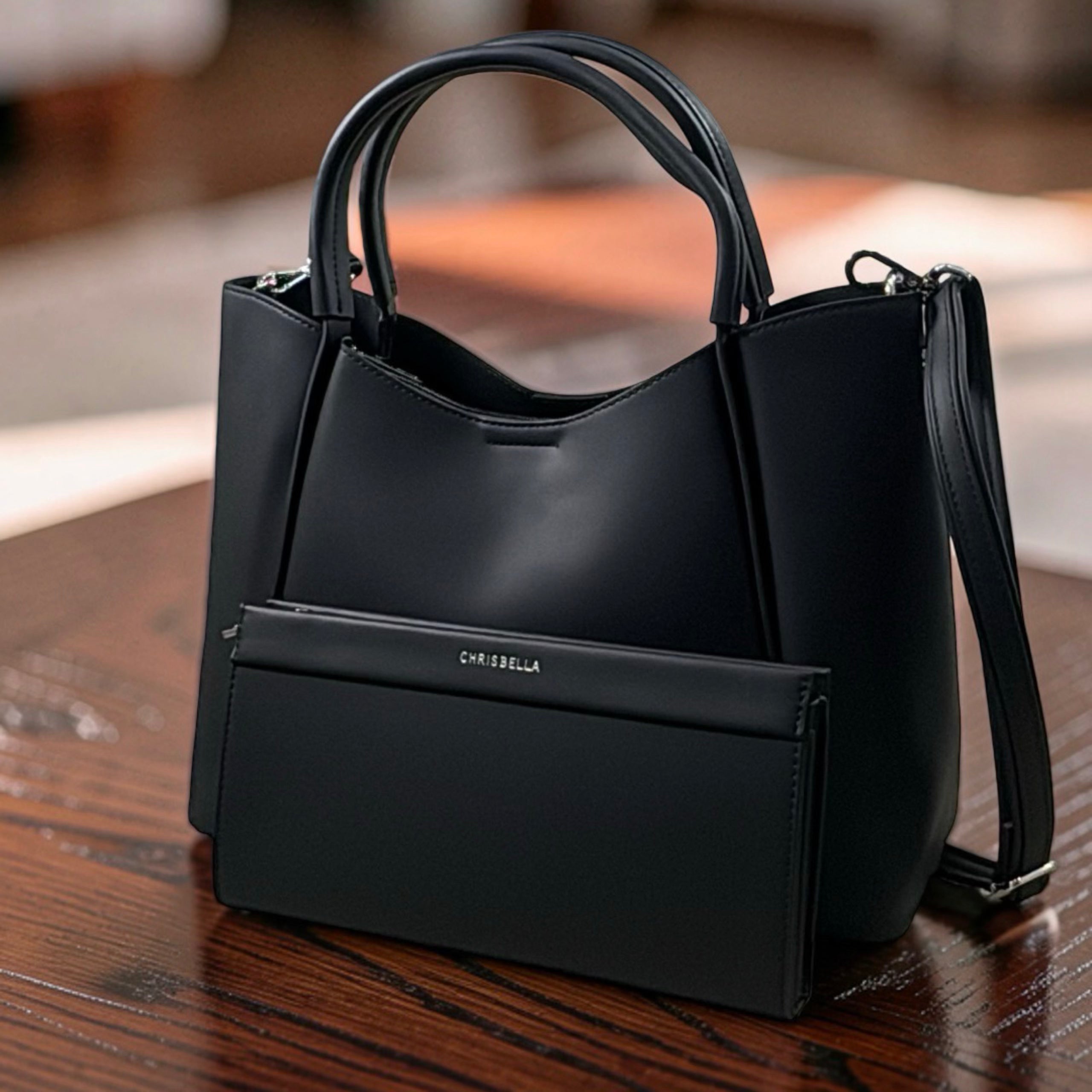 Chrisbella Double Handle Nubuck Leather Bag in Black