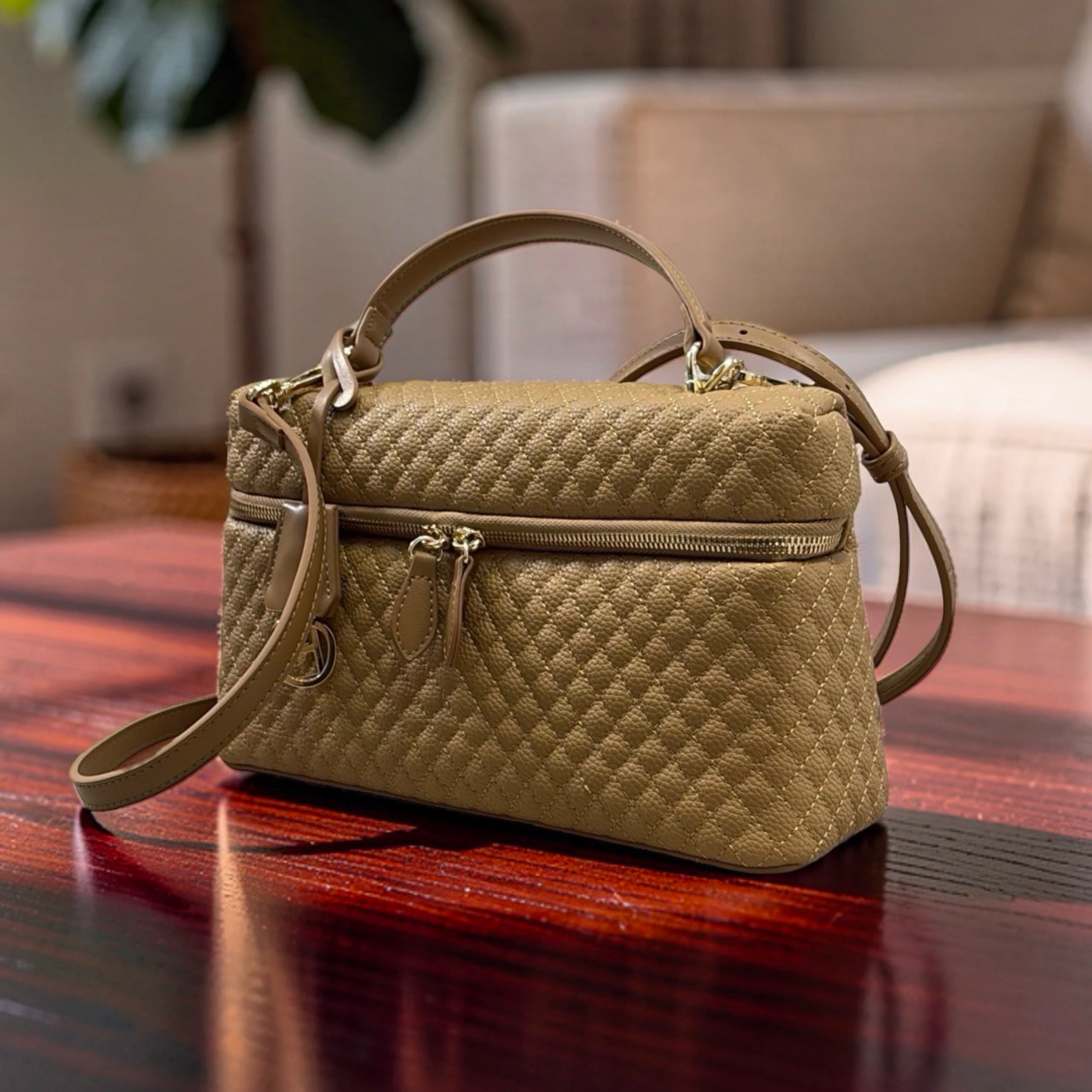 Chrisbella Top Handle textured leather Bag in Khaki