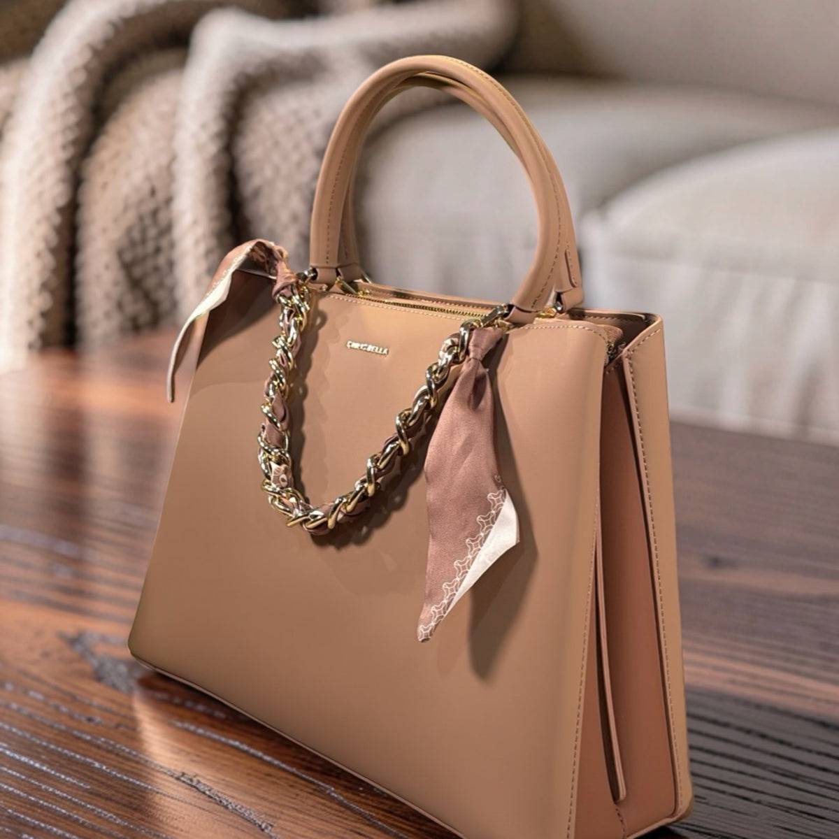 Chrisbella Scarf Detail 2-in-1 Tow-Tone Bag in Beige
