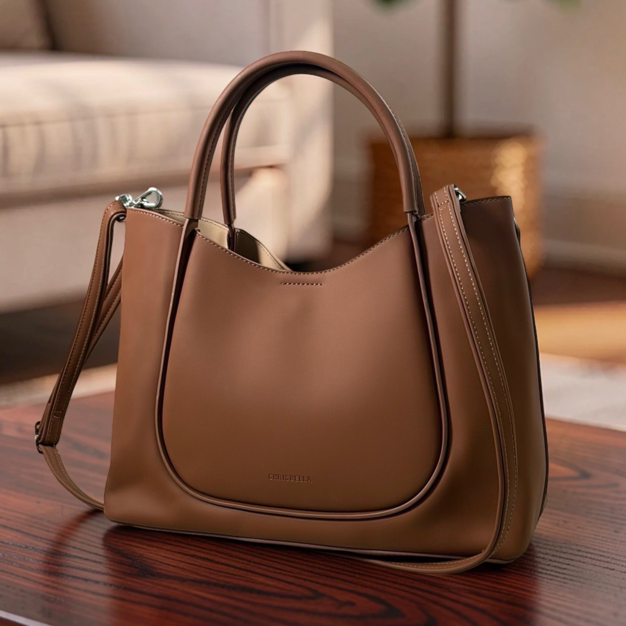 Chrisbella Double Handle Nubuck Leather Bag in Brown