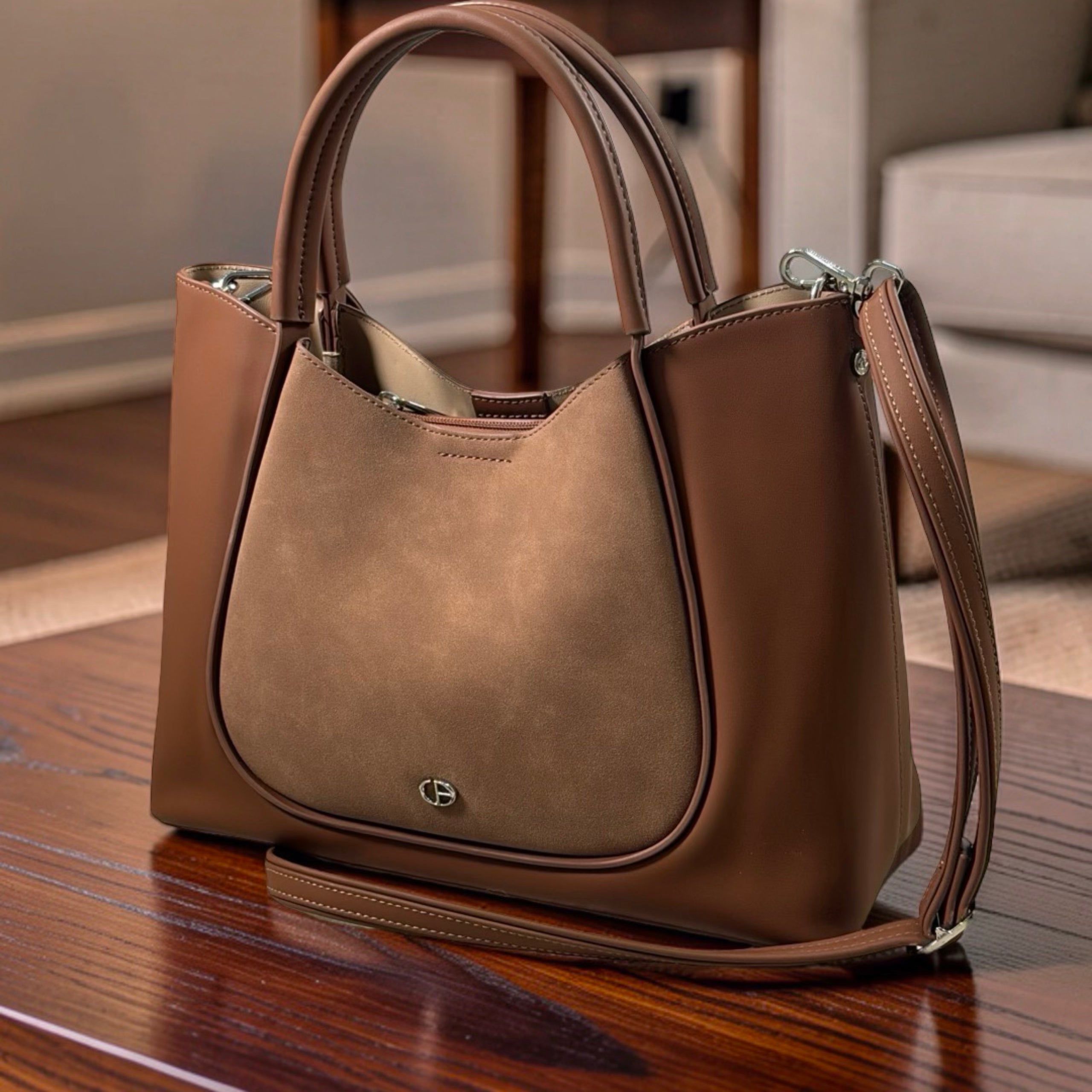 Chrisbella Double Handle Nubuck Leather Bag in Brown