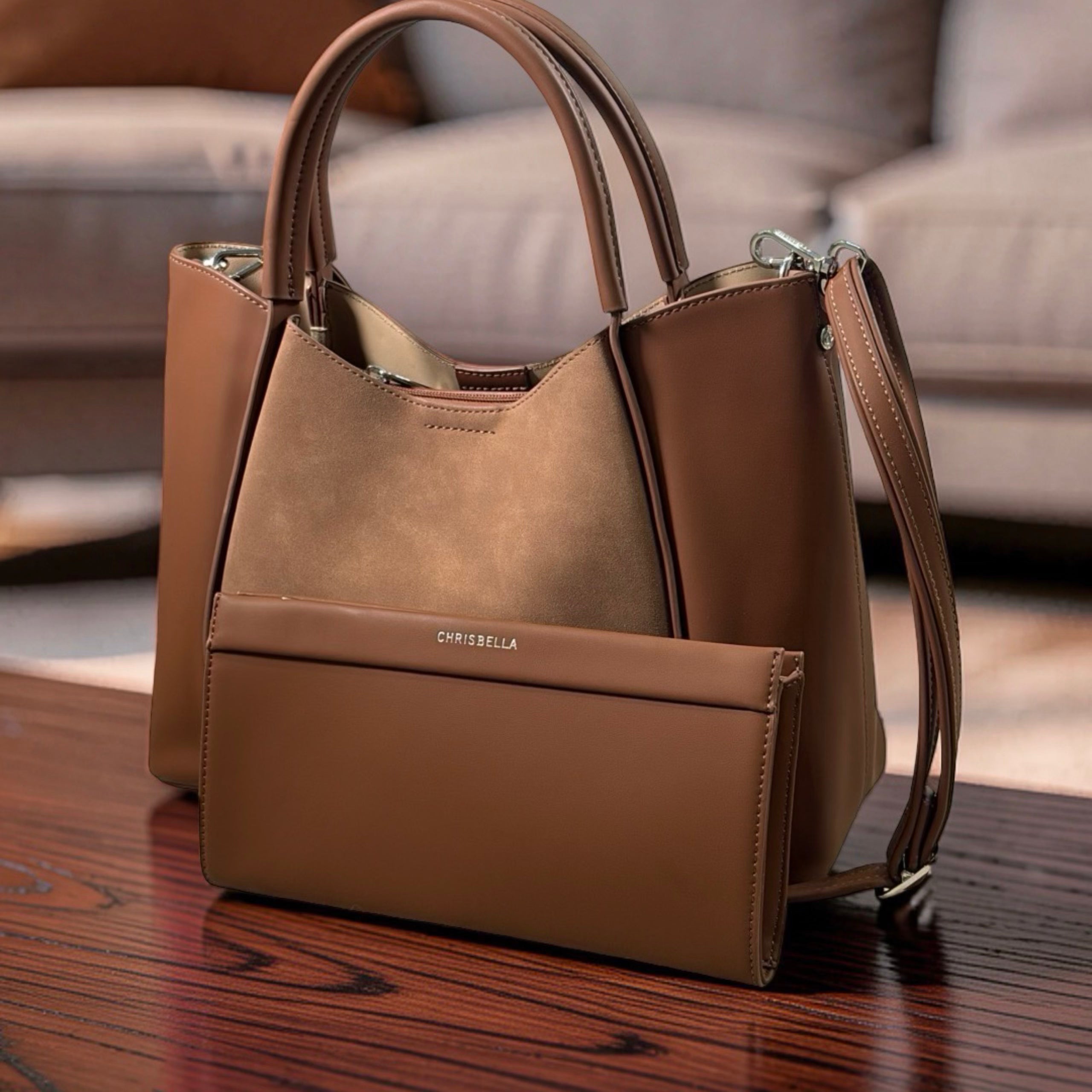 Chrisbella Double Handle Nubuck Leather Bag in Brown