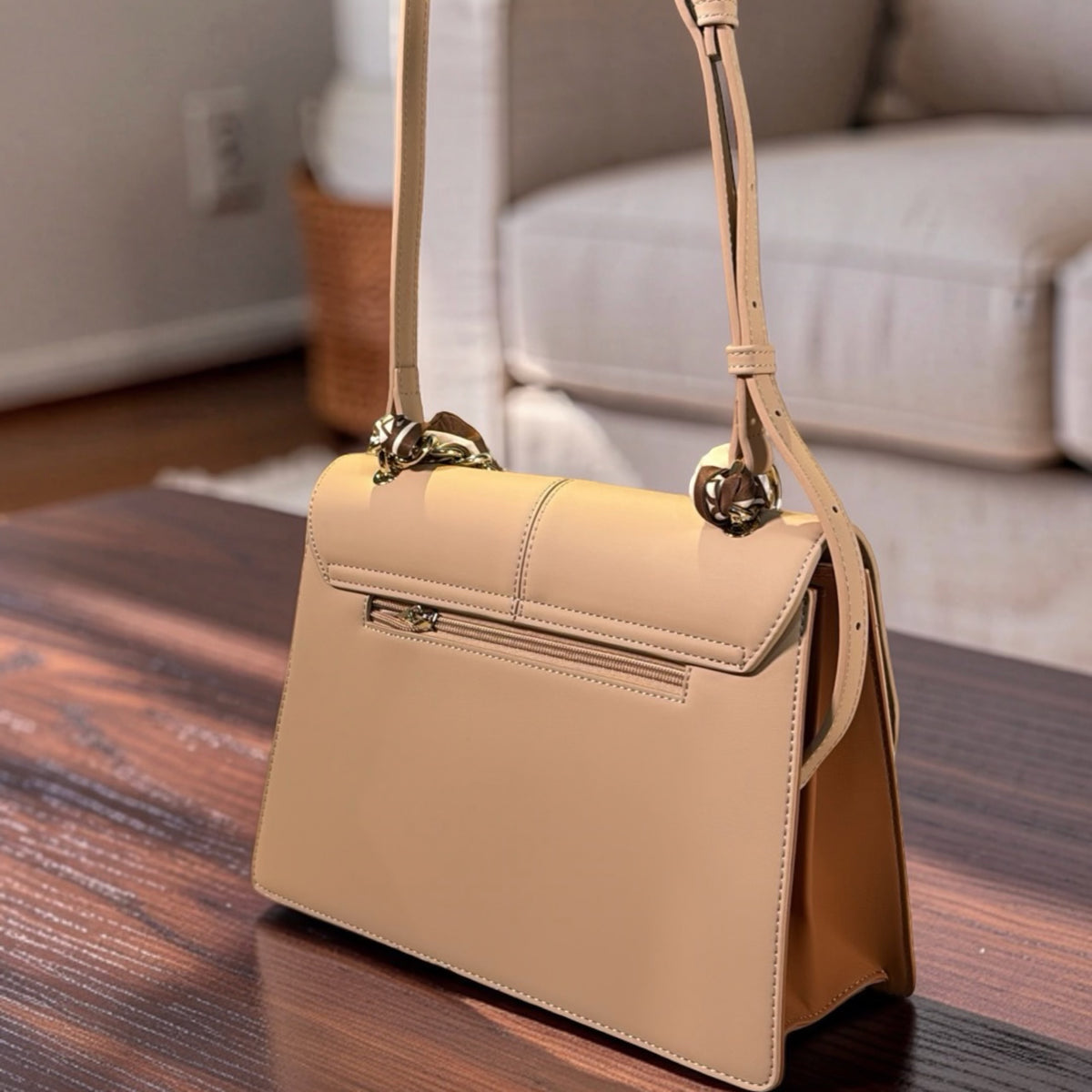 Chrisbella Scarf Detail Flap Closure Side bag in Beige