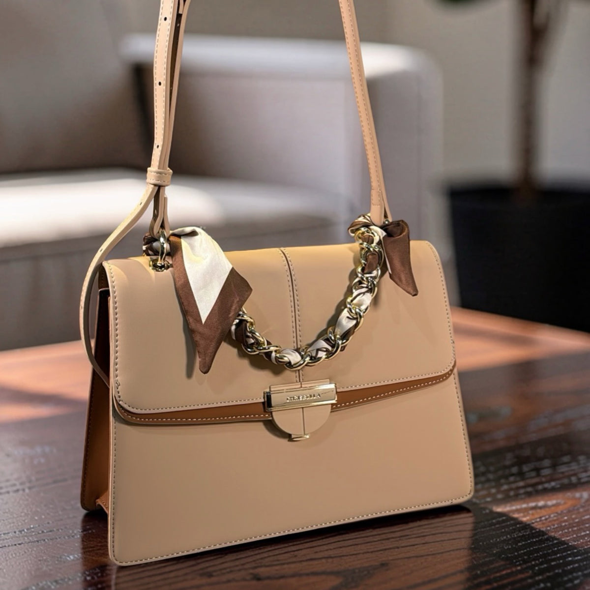 Chrisbella Scarf Detail Flap Closure Side bag in Beige