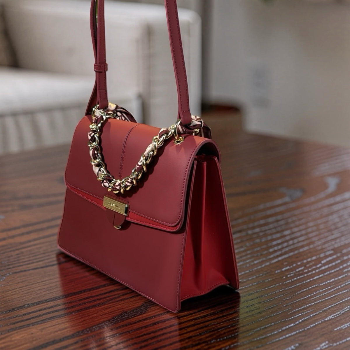 Chrisbella Scarf Detail Flap Closure Side bag in Red