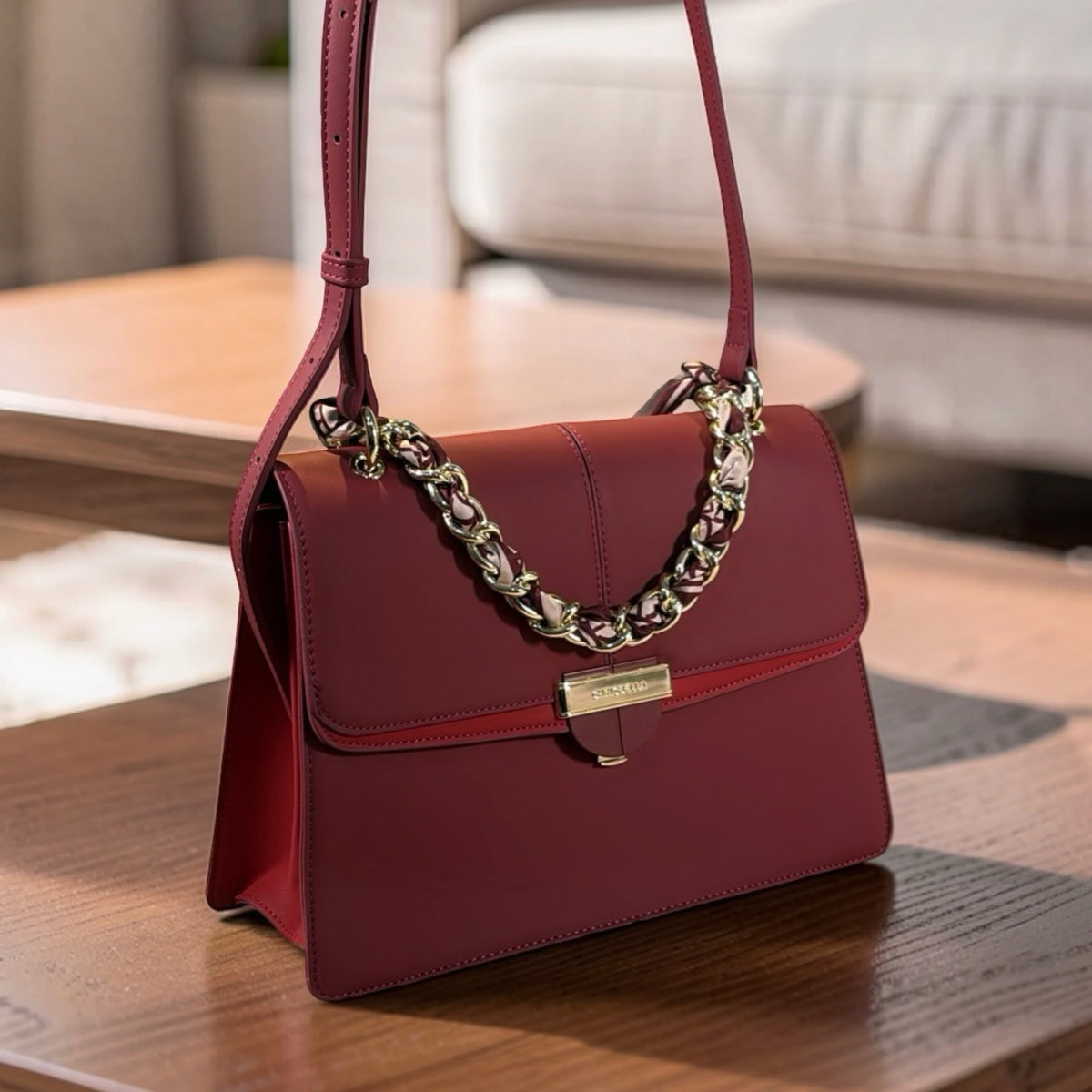 Chrisbella Scarf Detail Flap Closure Side bag in Red