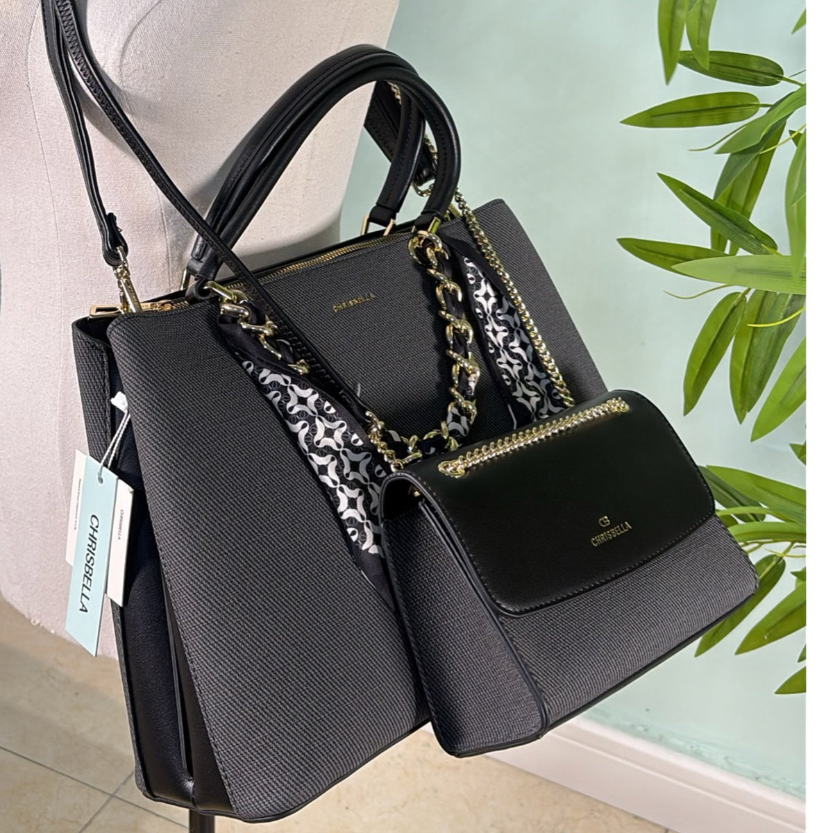 Chrisbella Scarf Detail Textured 2-in-1 Two-Tone Bag in Black