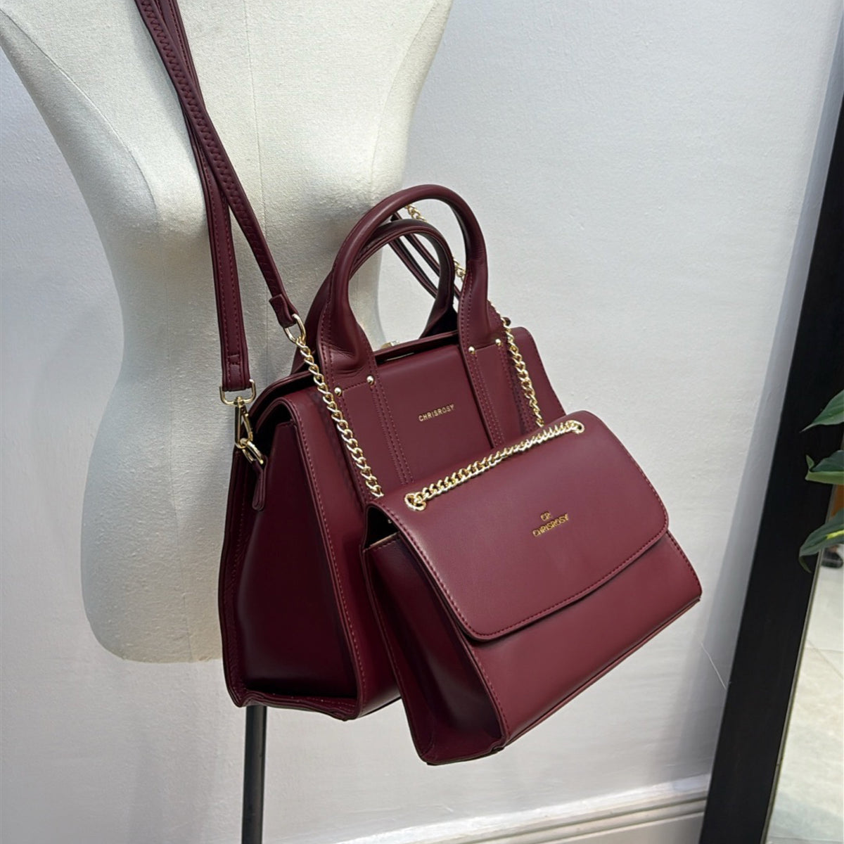 Chrisrosy 2-in-1  Structured Double Handle Bag in Maroon