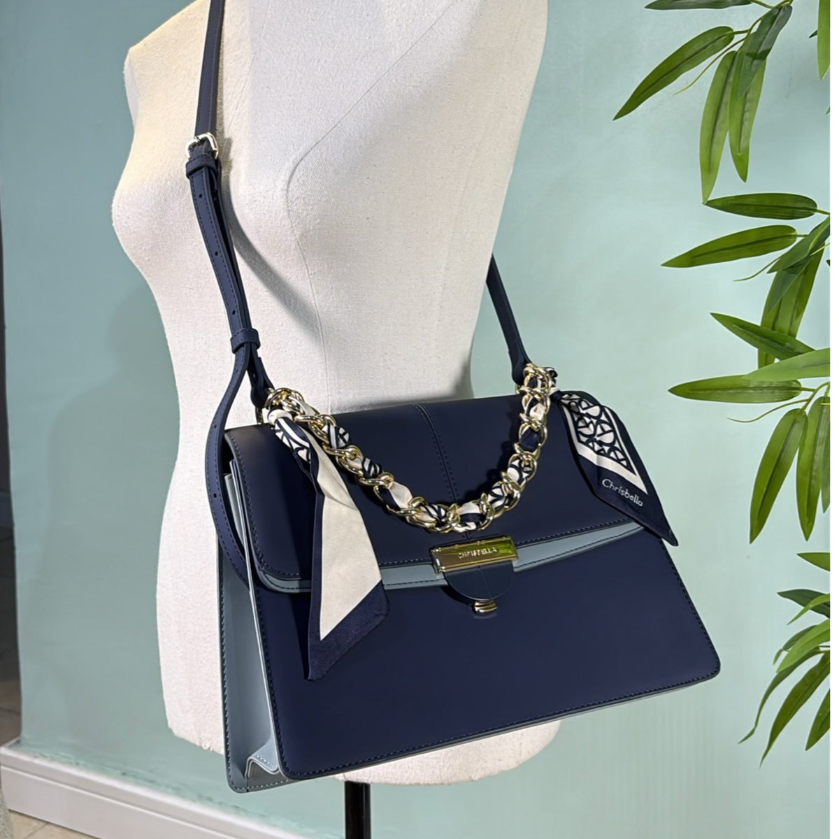 Chrisbella Scarf Detail Flap Closure Side bag in Navy