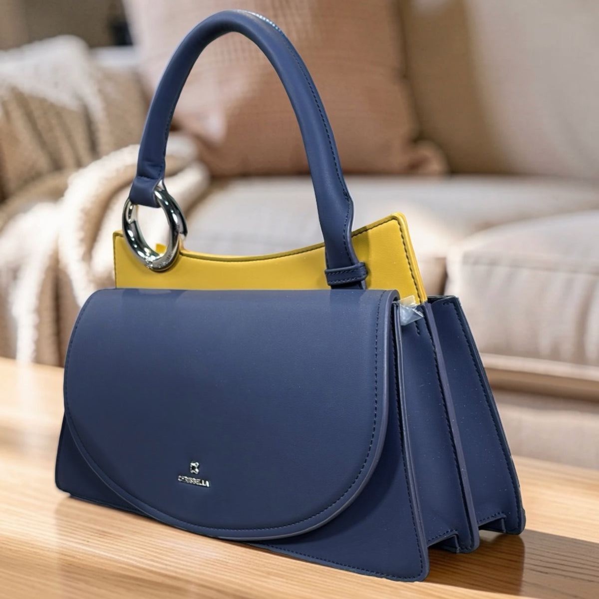 Chrisbella Top Handle Front-Flap Structured Bag in Navy